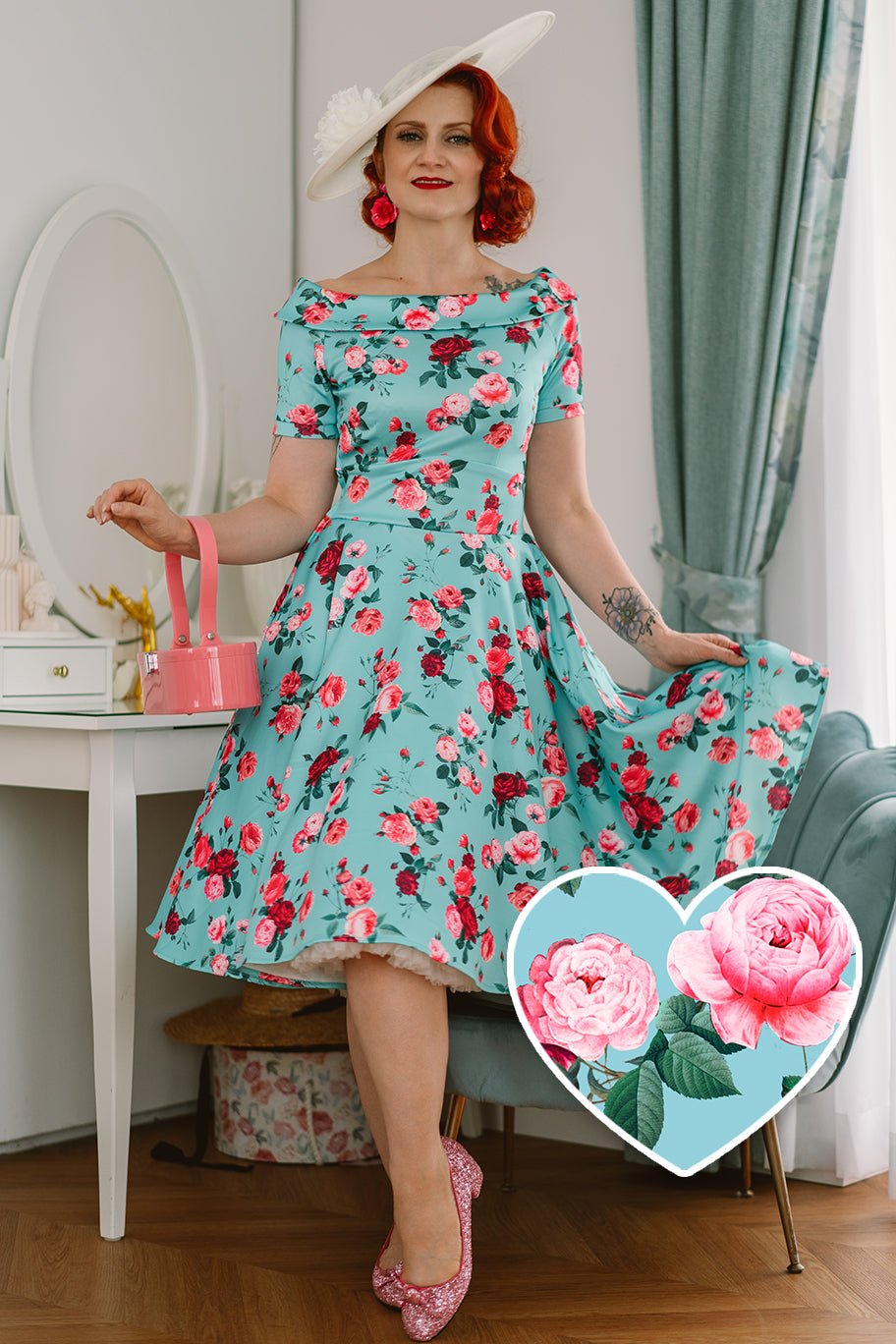 Vintage 50's Aqua Blue Floral Print Swing Dress