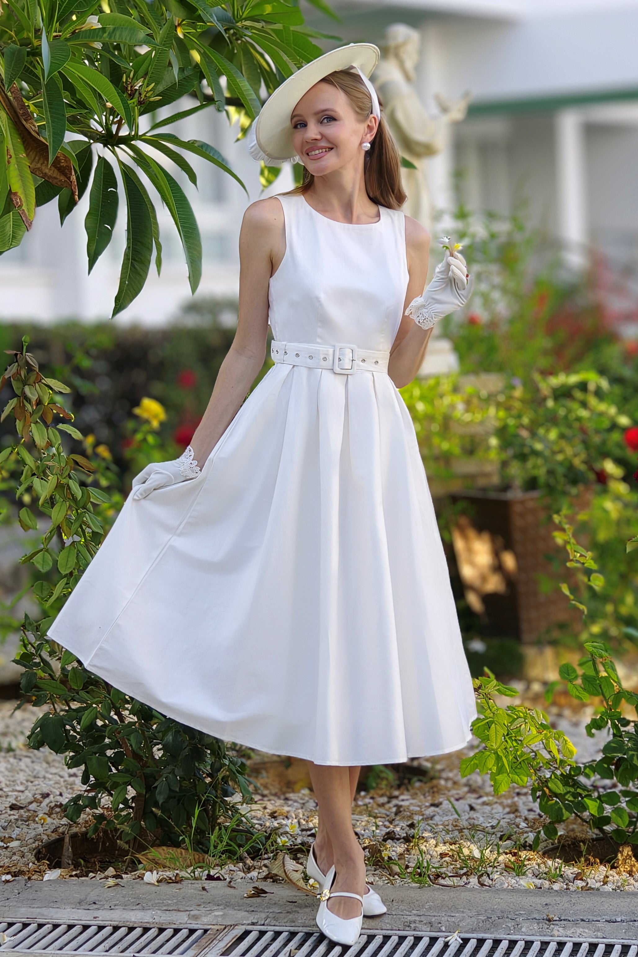 white cotton dress uk Helen White Cotton Sleeveless Midi Dress