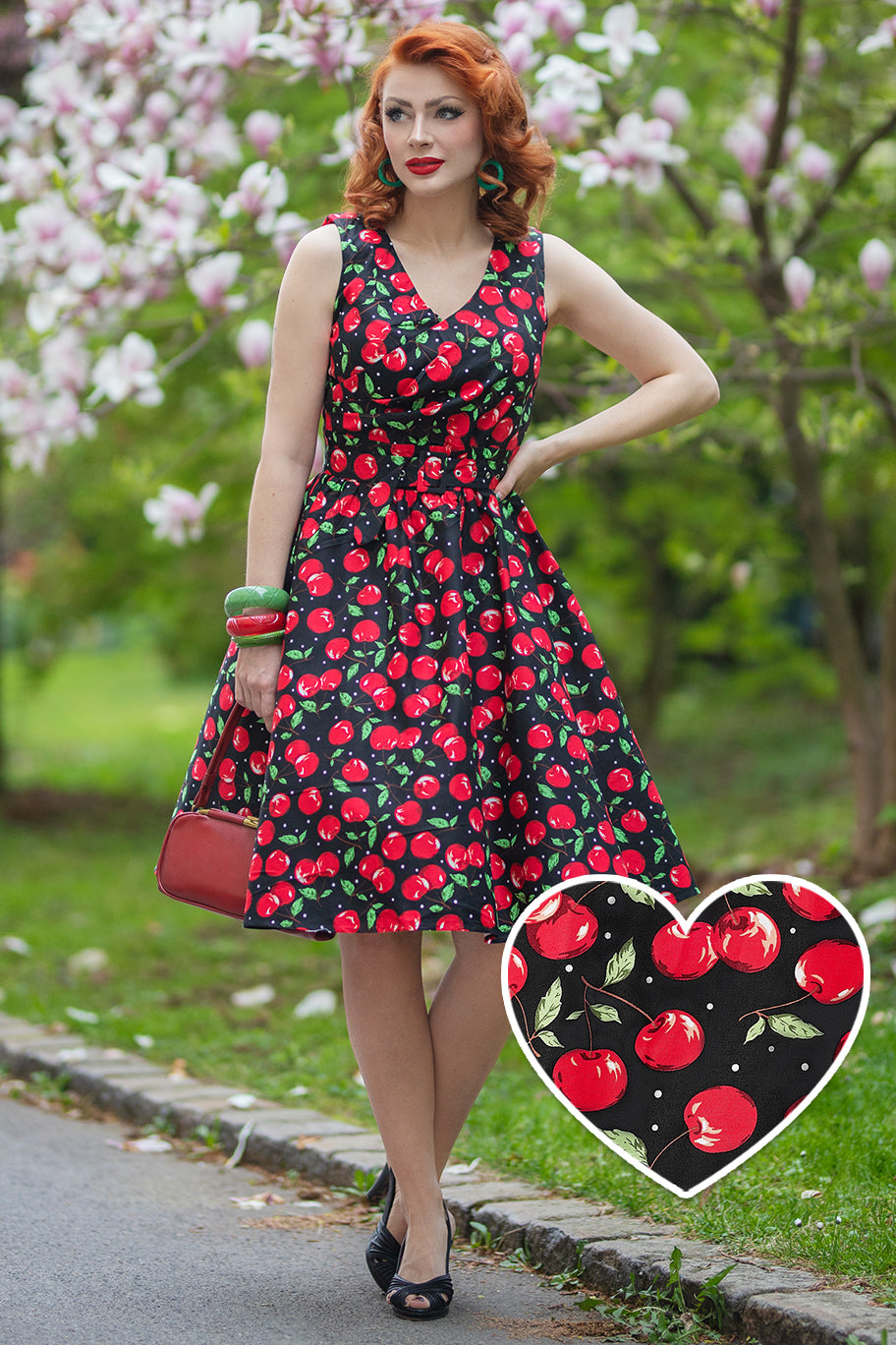 May Crossover Bust Cherry Swing Dress - Dolly and Dotty