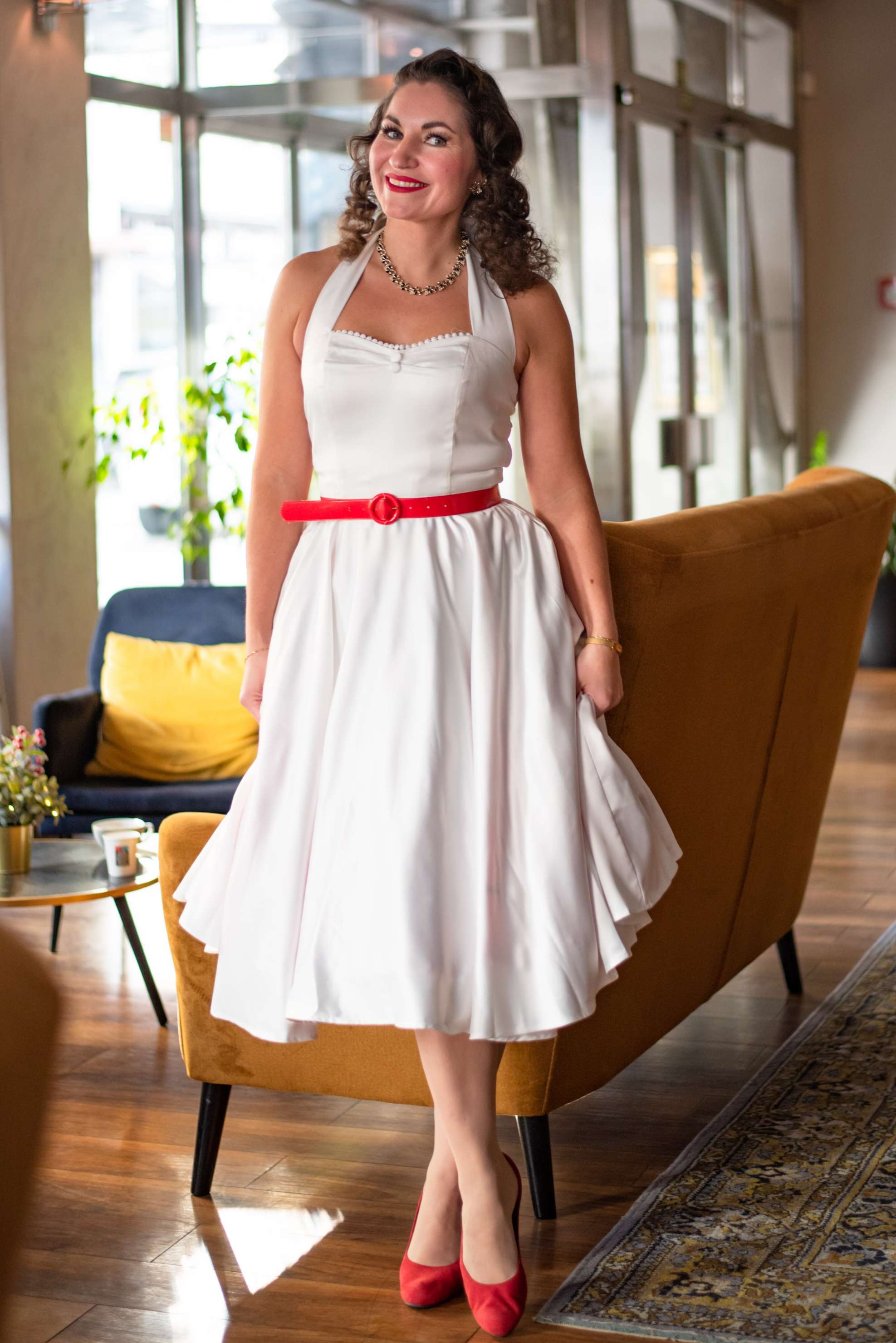 strapless open back dress Red Pleated Dress With Chain Belt