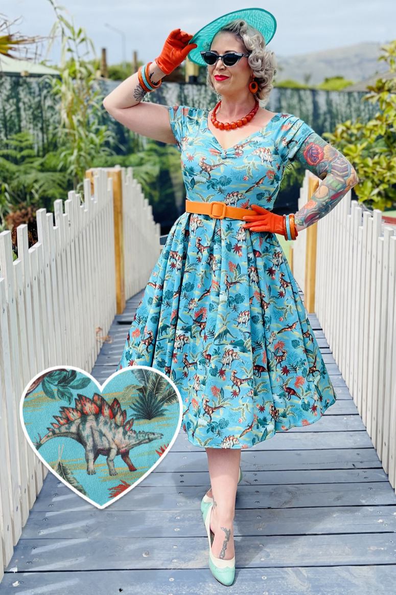 Lily Green Jurassic Dinosaur Off-Shoulder Vintage Dress Lily Green Jurassic Dinosaur Off-Shoulder Vintage Dress