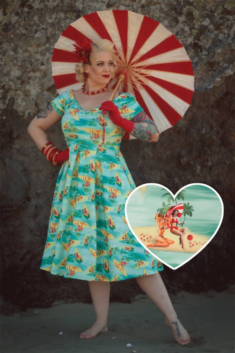 Lily Off Shoulder Dress In Pinup Beach Print