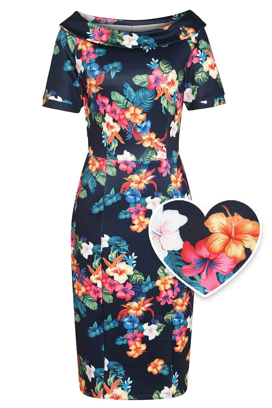 Valerie Tropical Hibiscus Fitted Off Shoulder Dress
