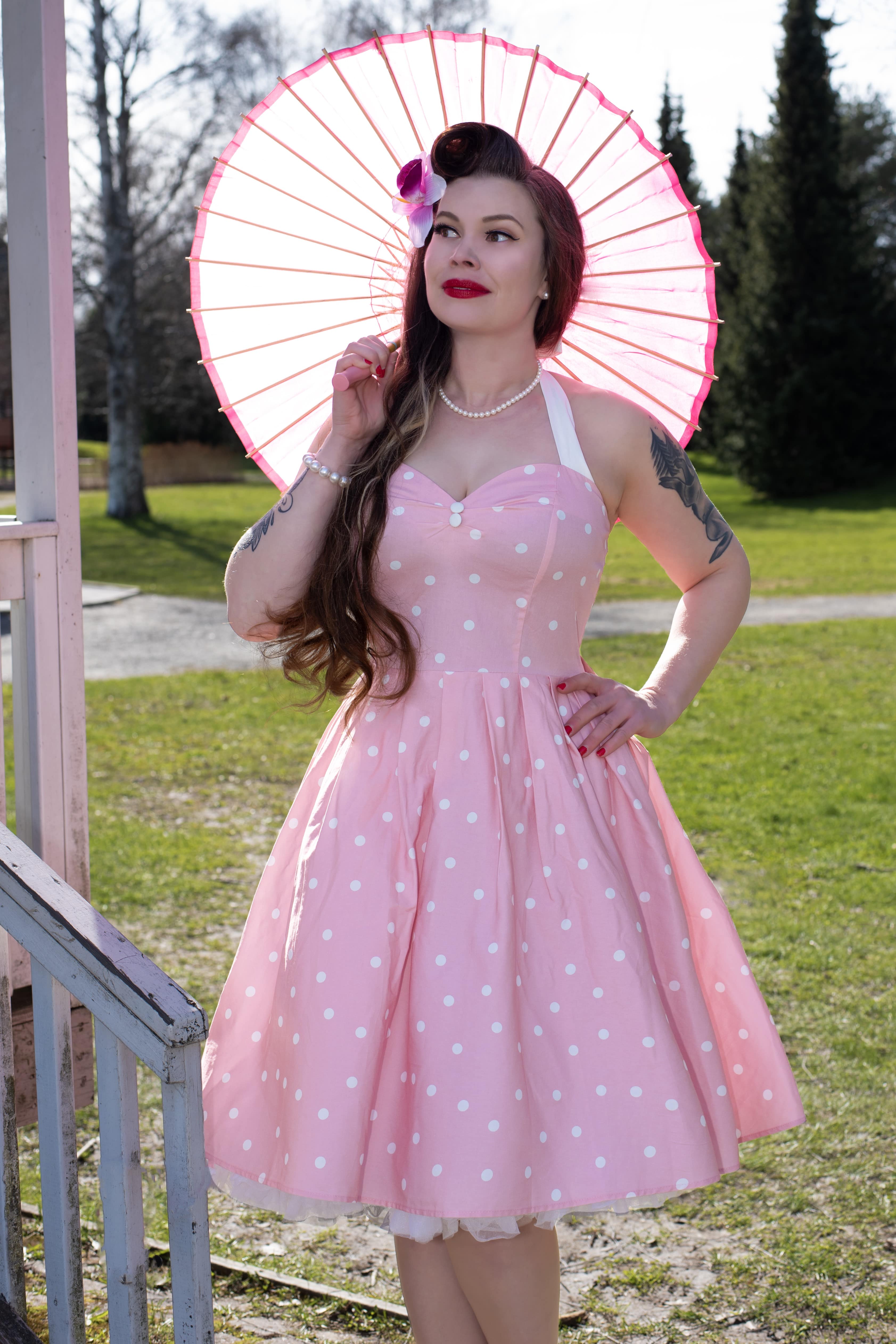 Sophia Light Pink Polka Dot Halterneck Dress