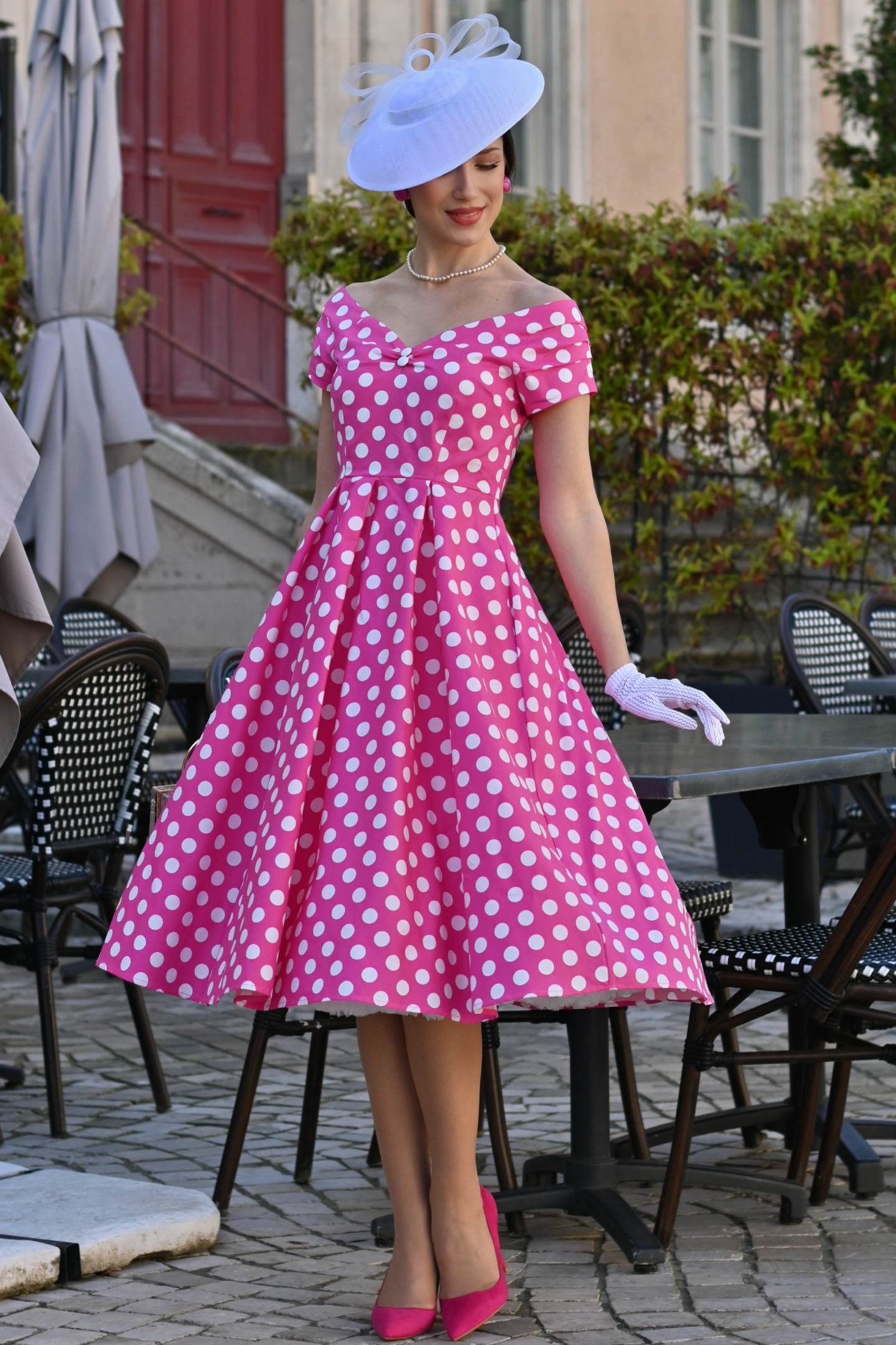 hot pink polka dot dress Lily Off Shoulder Spot it features a plunge Size:3X/22-24W Midi Dresses: Elegant, Flowy, cl0:new_arrival