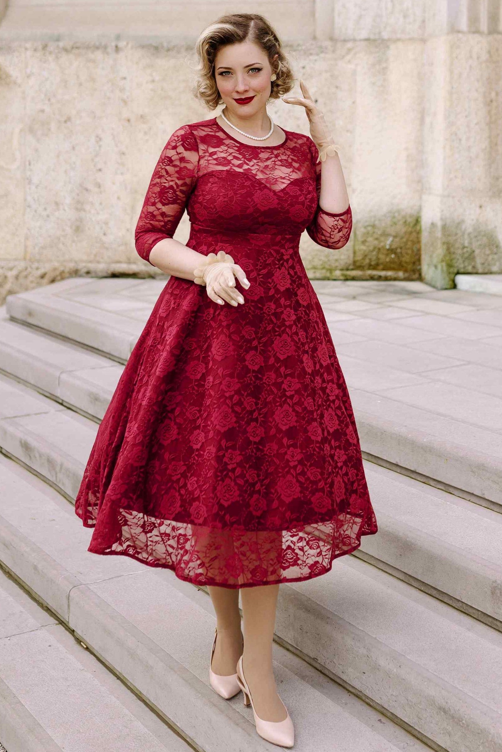 Madeline Long Sleeved Burgundy Lace Dress Dolly and Dotty