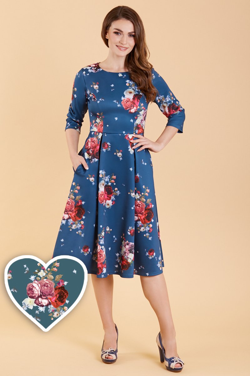 Women's Long Sleeved Navy Floral Midi Dress