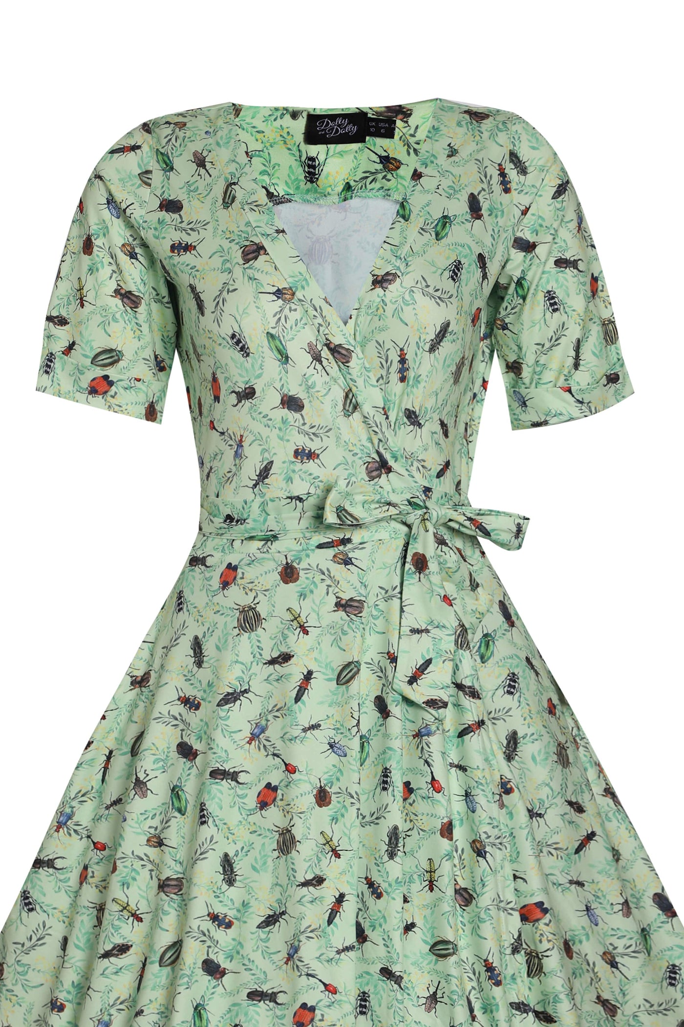 Matilda Green Mint Bug Wrap Dress with pockets close up