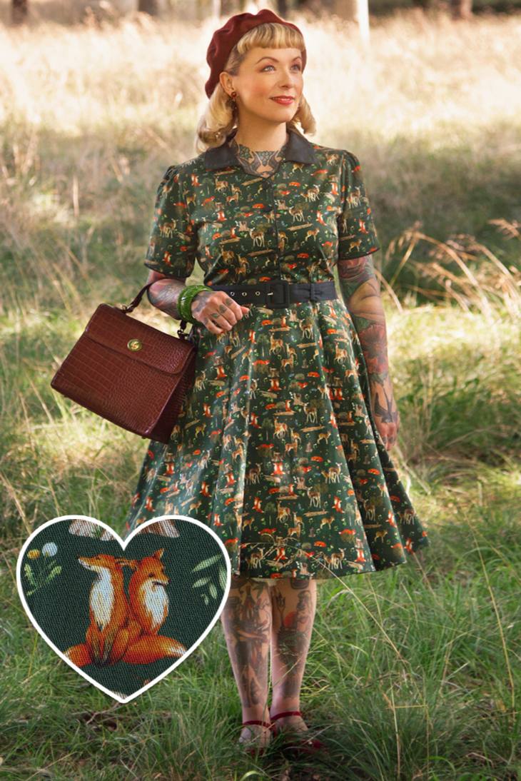 Penelope Dark Green Shirt Dress In Forest Woodland Print Penelope Dark Green Shirt Dress In Forest Woodland Print