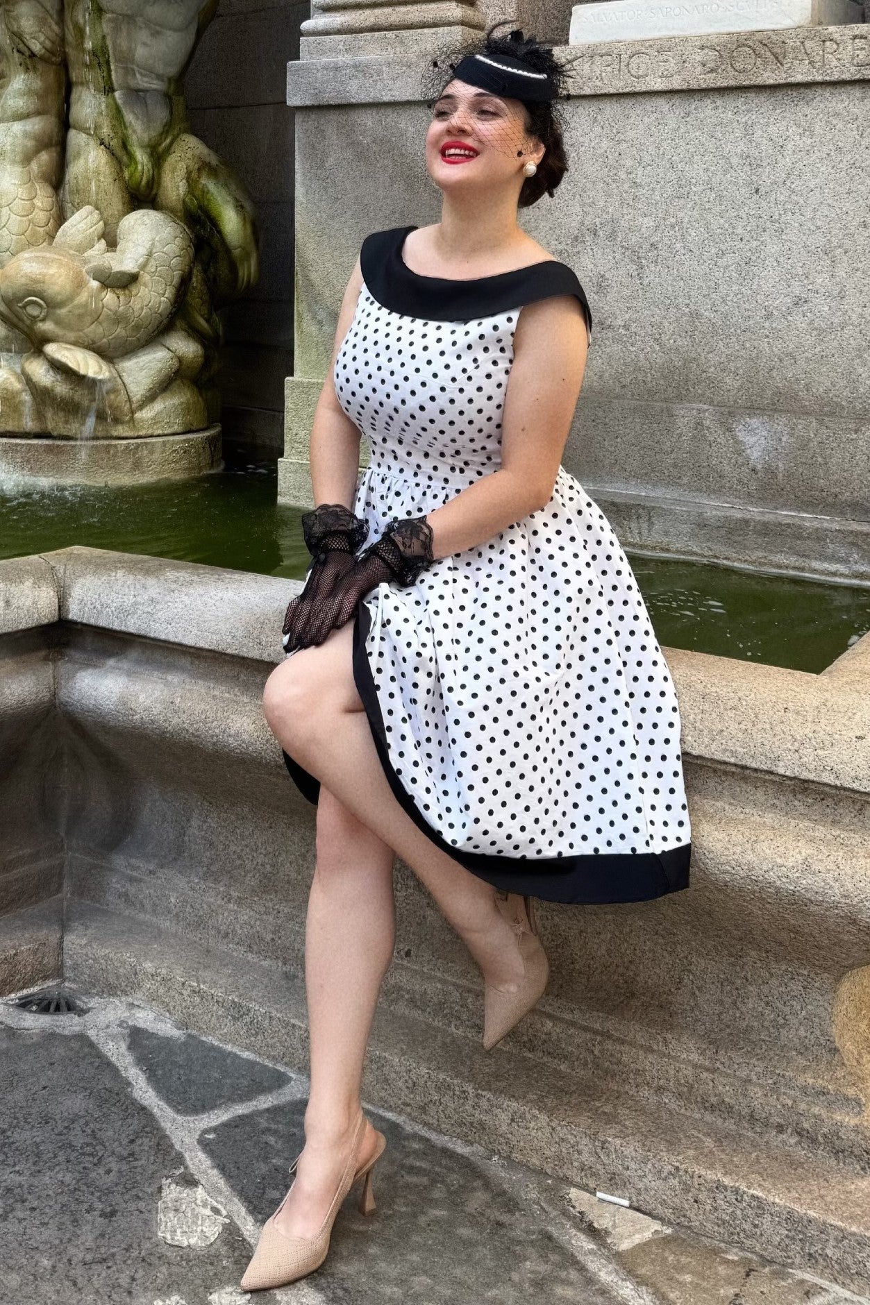 50s Roll Collar Low Back White & Black Spot Dress