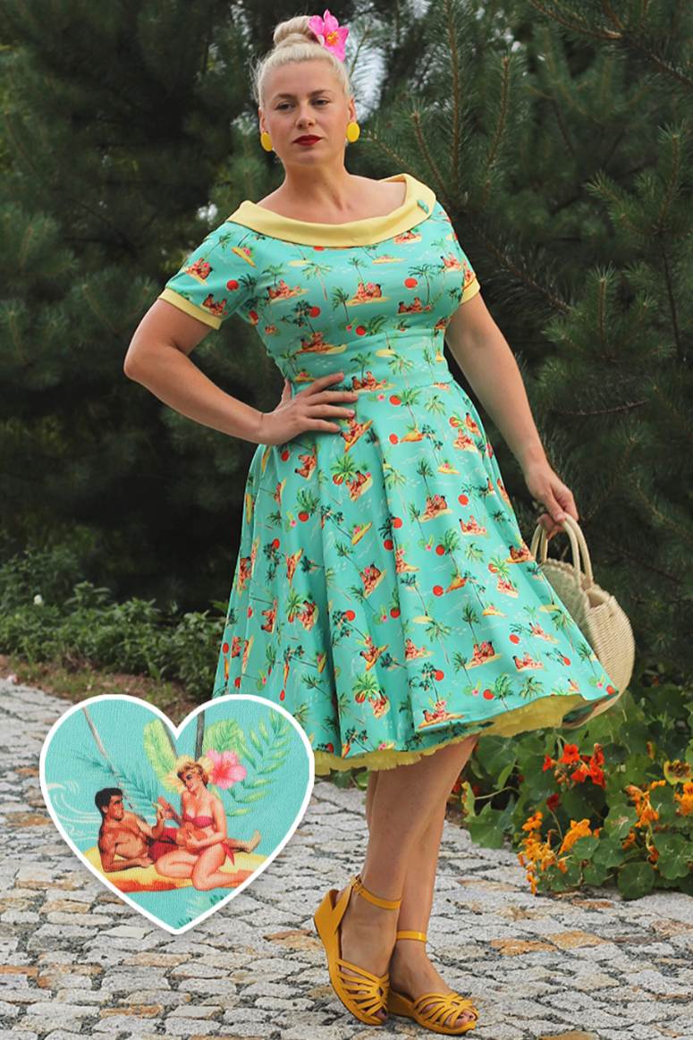 Darlene Turquoise Pinup Swing Dress in Tropical Island Print Darlene Turquoise Pinup Swing Dress in Tropical Island Print