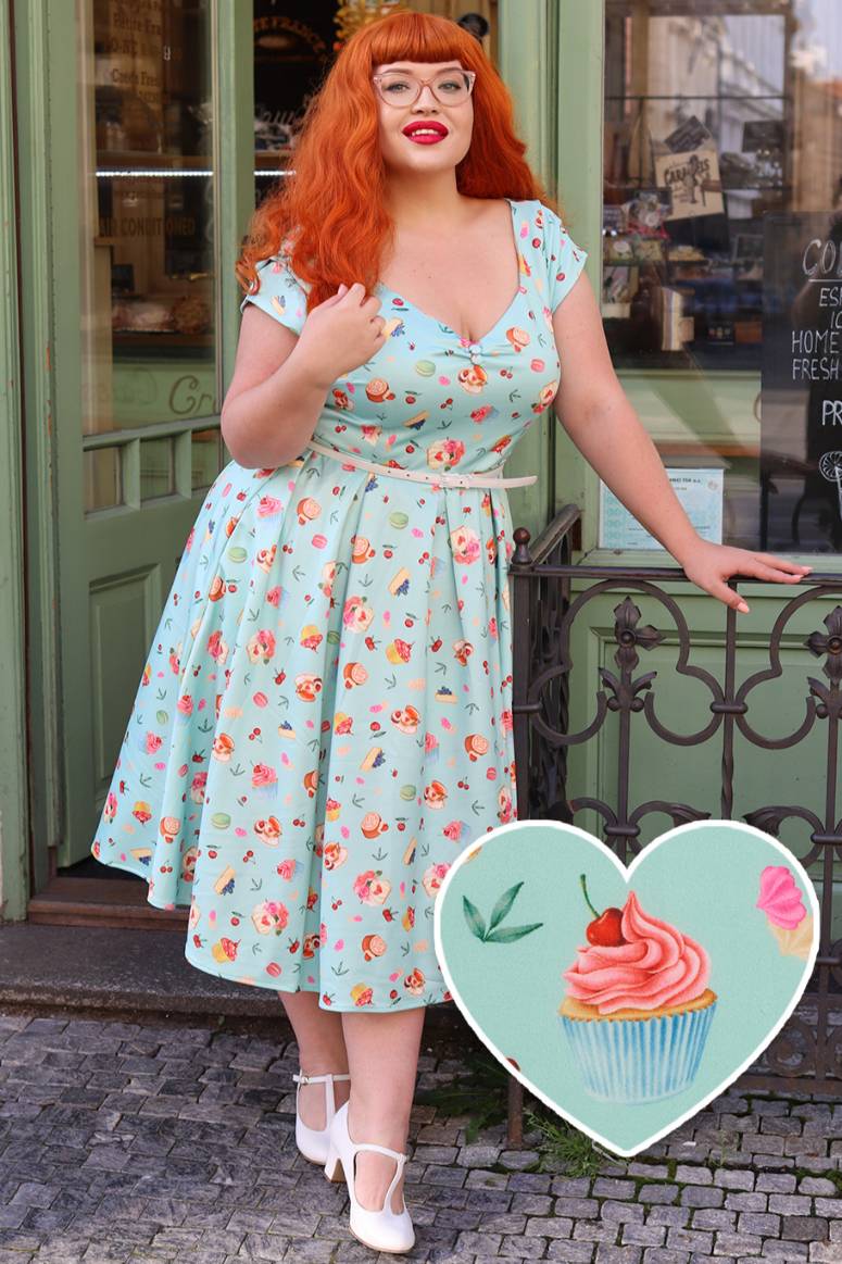 knee length dresses for ladies Lily Off Shoulder Dress In Pastel Afternoon Tea Cakes Print