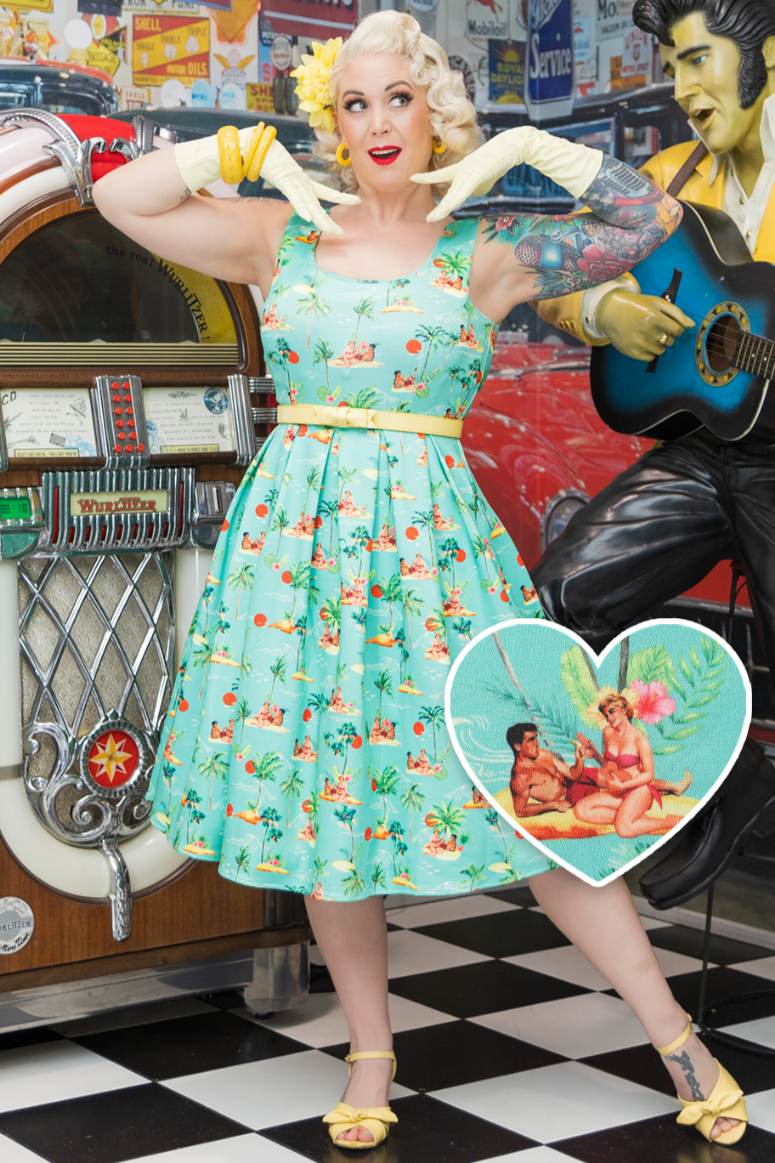 pin up green dress Amalie Ballerina 70's Style Swing Dress in Green & White Mark Stripe C