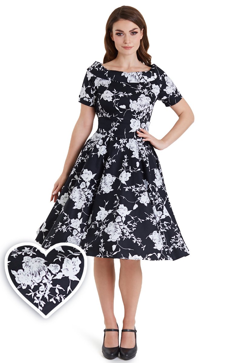 1950s off shoulder swing dress 1950s Women's Monochrome Floral Off Shoulder Swing Dress