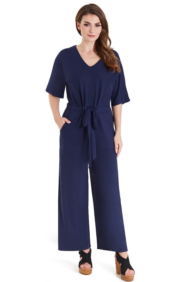 Navy Blue Shirred Square-Neck Wide-Leg Jumpsuit