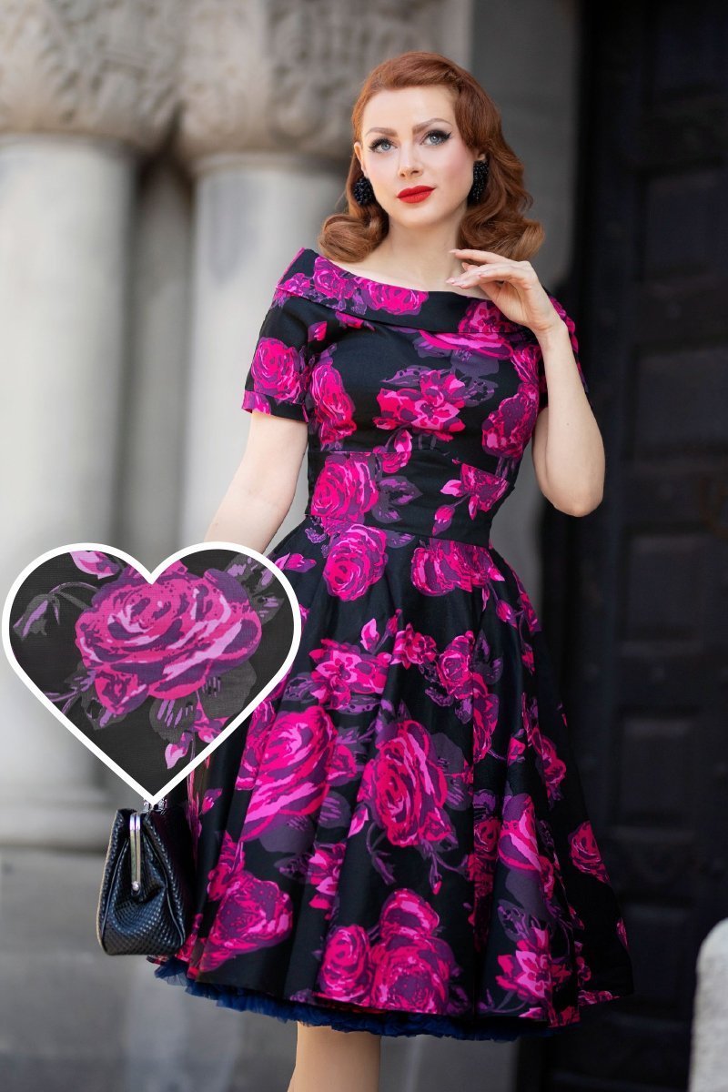 Darlene Retro Black/Pink Roses Swing Dress - Dolly and Dotty Darlene Retro Black/Pink Roses Swing Dress - Dolly and Dotty