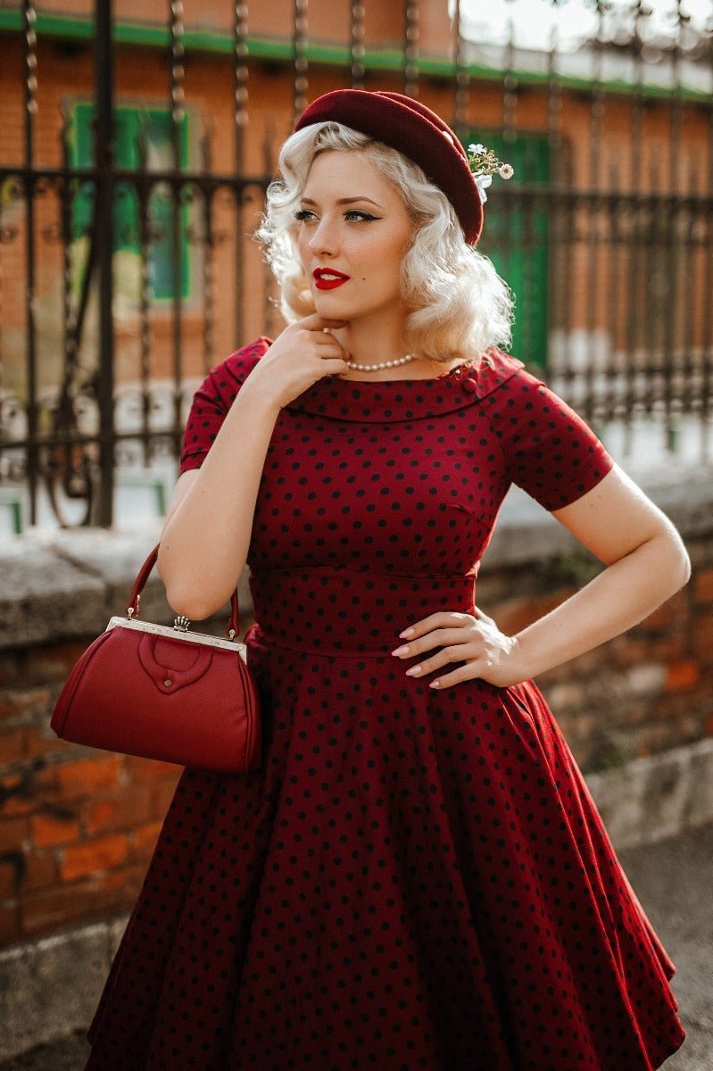 Darlene Retro Polka Dot Swing Dress in Burgundy/Black Darlene Retro Polka Dot Swing Dress in Burgundy/Black
