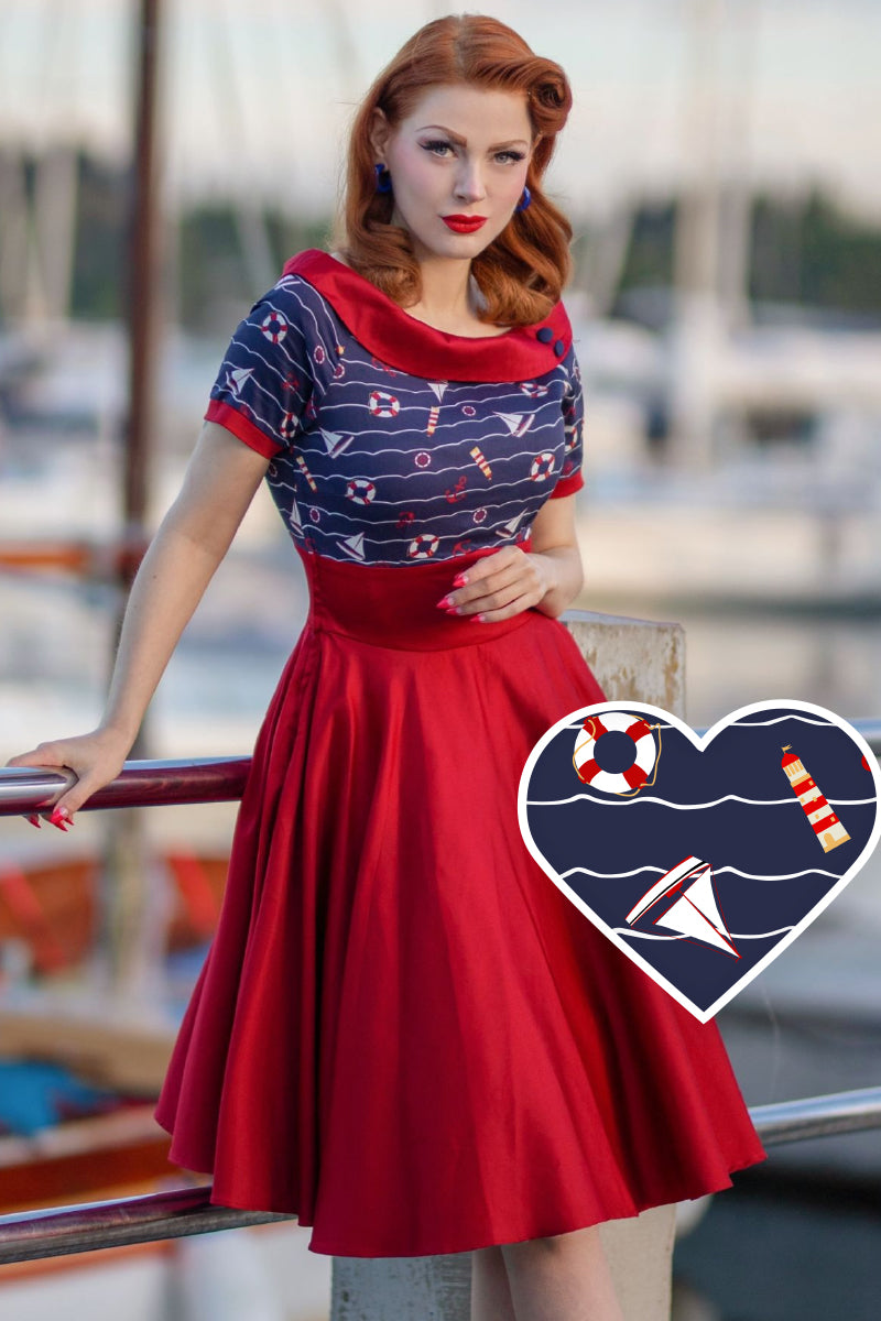 Darlene Nautical Blue & Burgundy Swing Dress