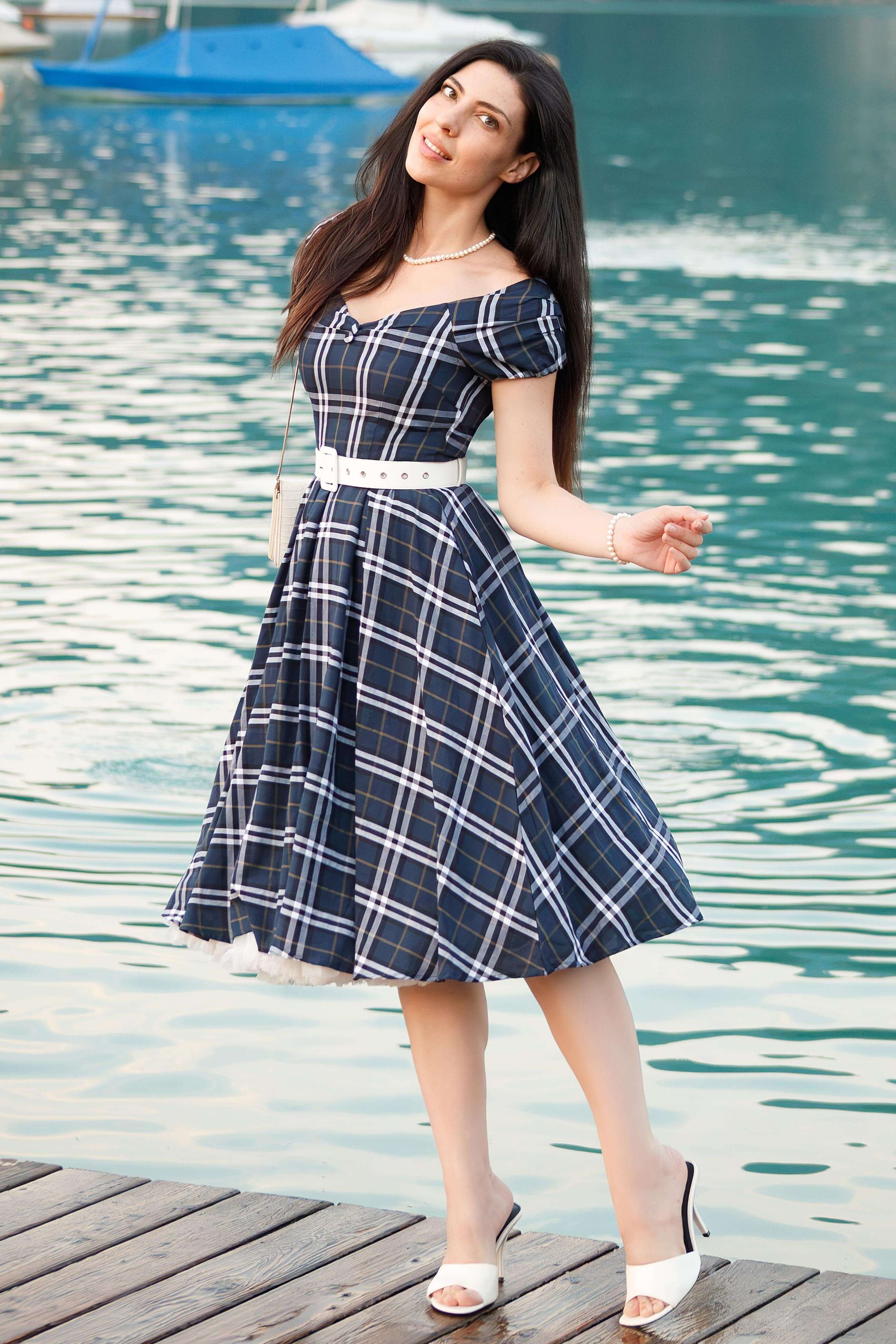 Lily Navy Blue Tartan Plaid Off-Shoulder Swing Dress