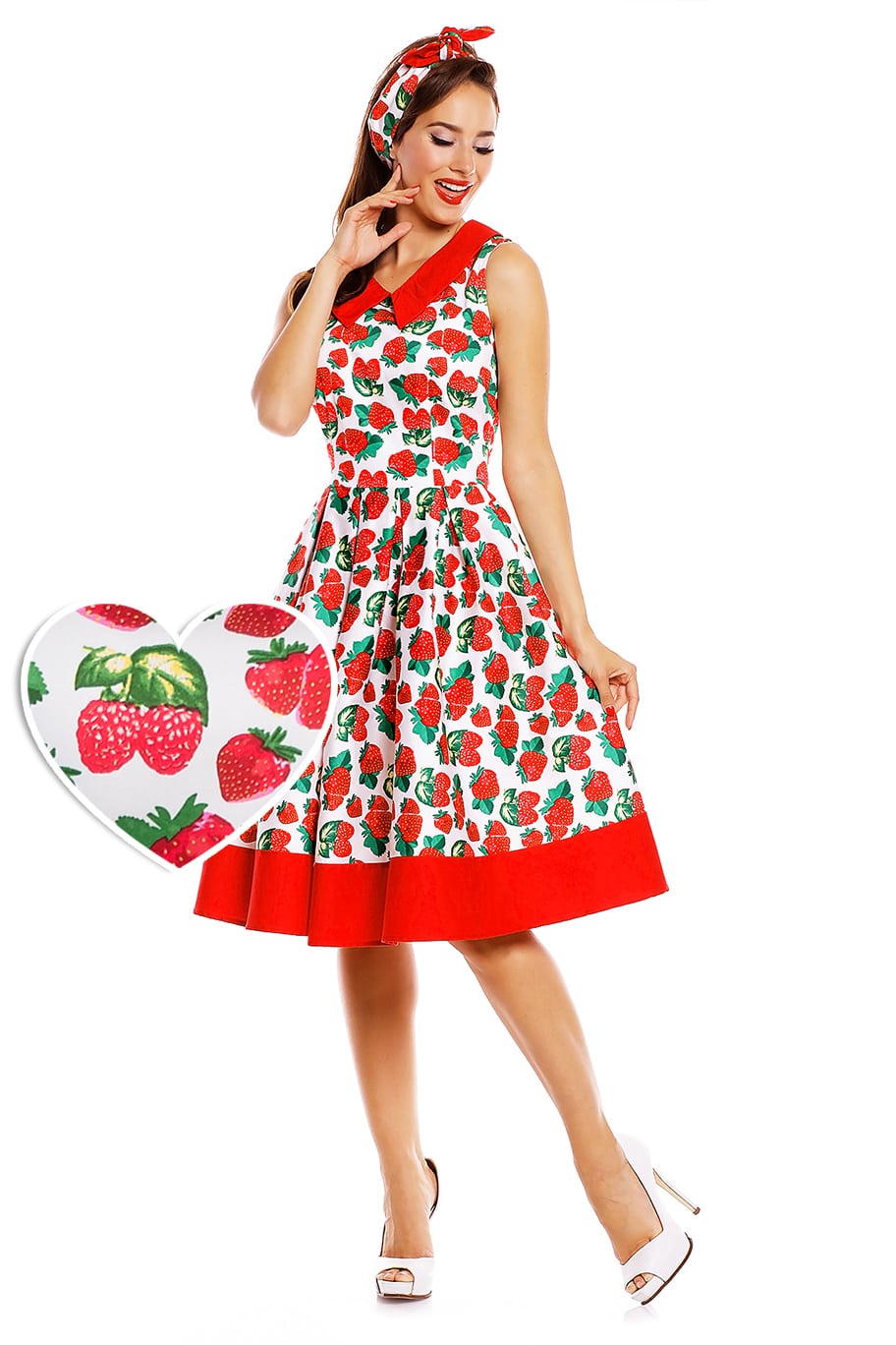 vintage Inspired Swing Dress in White Strawberry