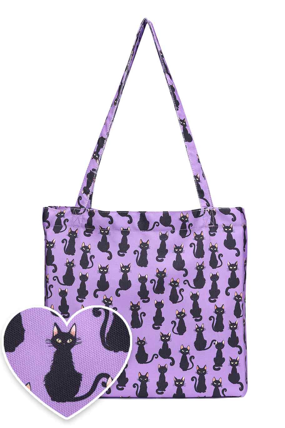 Quirky Black Cat Print Tote Bag in Purple - Main Image