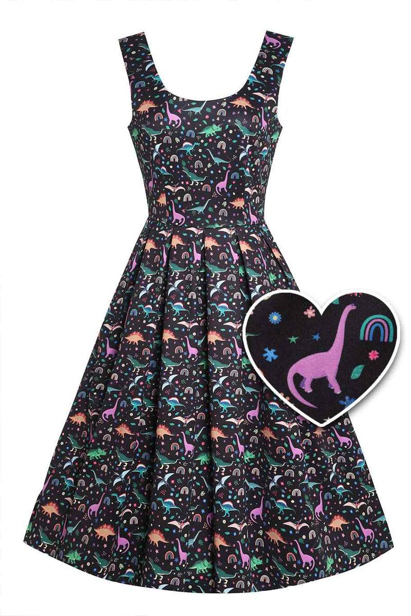 Black Flared Dress in Dinosaur & Rainbow Print