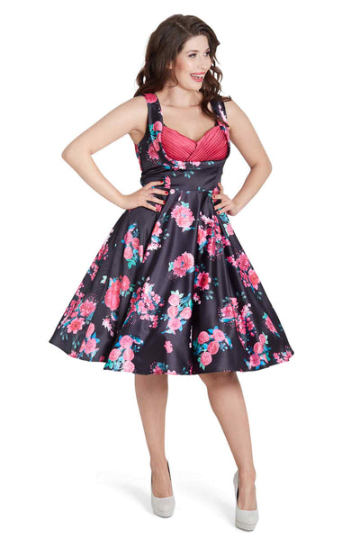 Black Floral Pleated Bust Dress