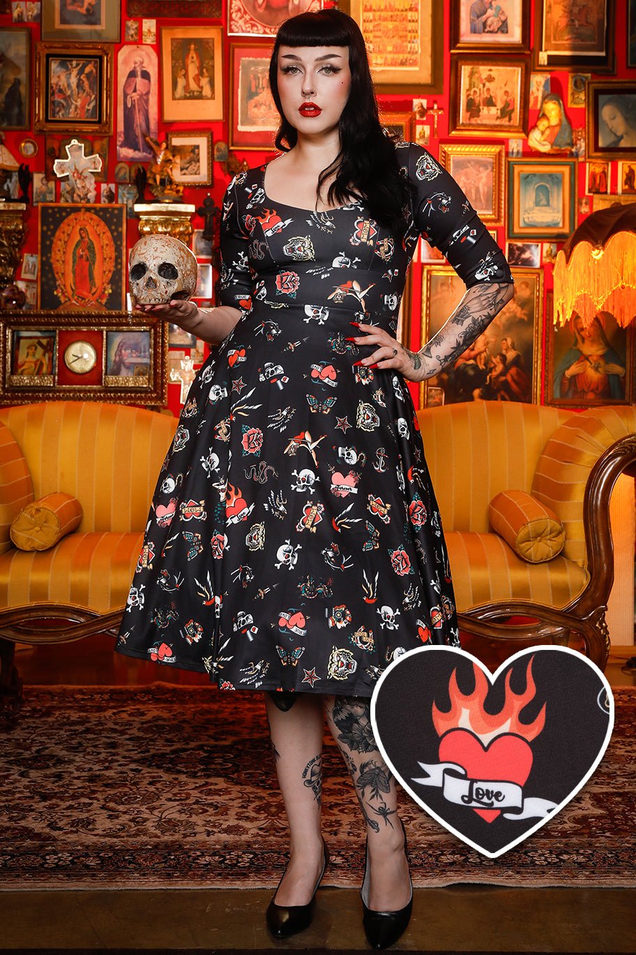 white christmas dresses Scarlette Black Old School Tattoo Midi Dress