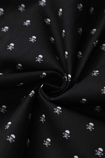 Close up view of black skull print vintage style swing dress