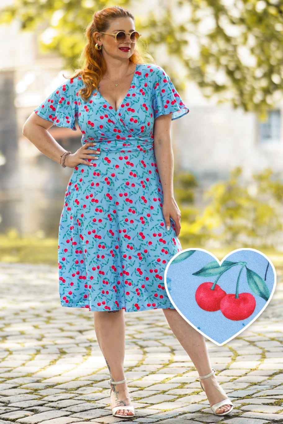 Donna Blue Cherry Summer Tea Dress For Women - Main Image