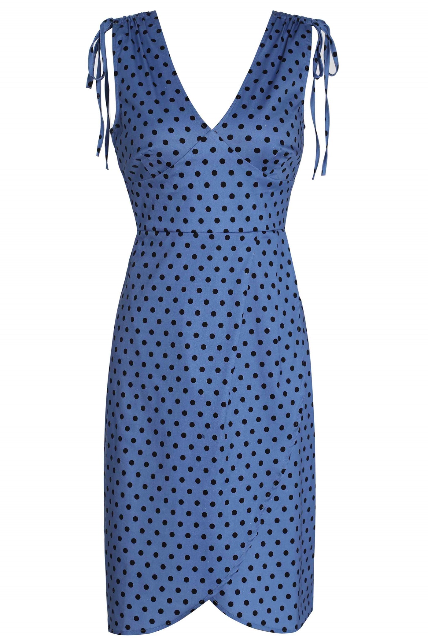 Front View of Blue Polka Dot Wiggle Dress