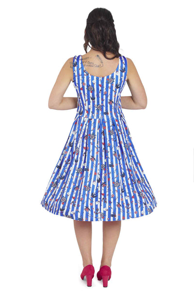 Model photo of Blue Striped Rockabilly Swallow Swing Dress