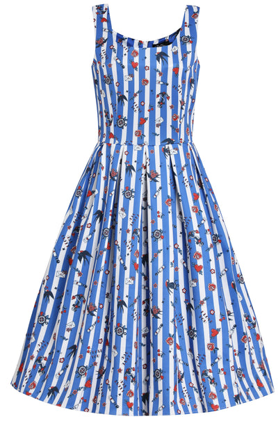 Blue Striped Rockabilly Swallow Swing Dress