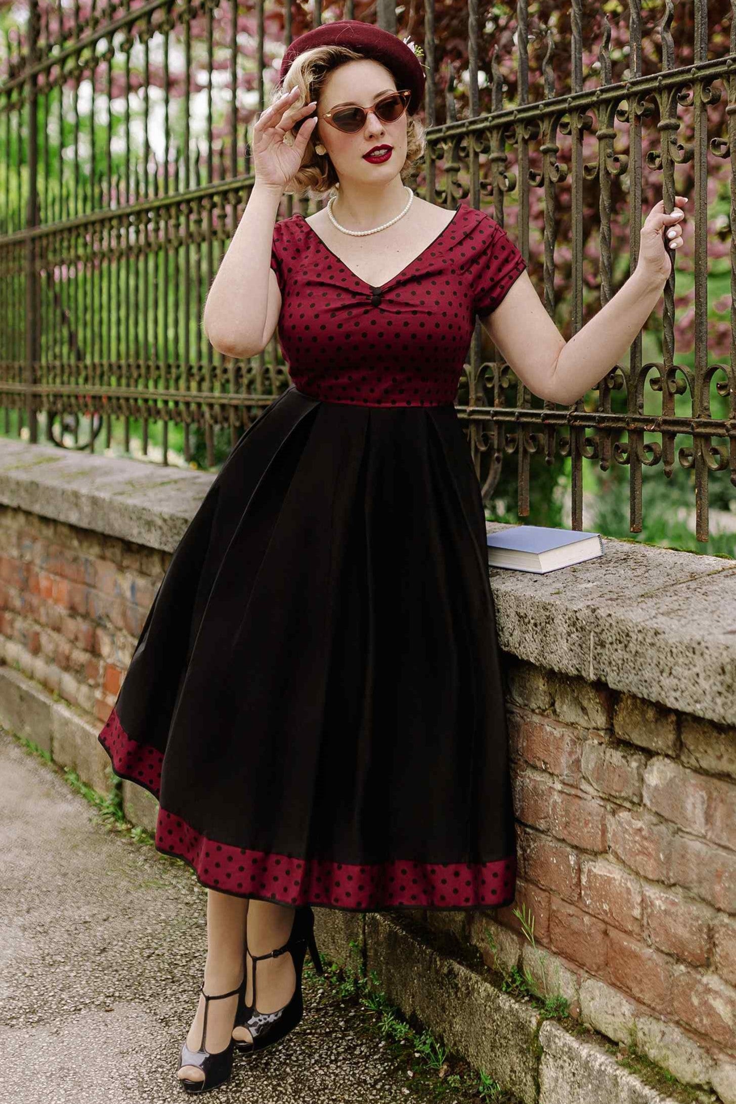 Lily Burgundy/Black Polka Dot Off Shoulder Flared Dress Lily Burgundy/Black Polka Dot Off Shoulder Flared Dress