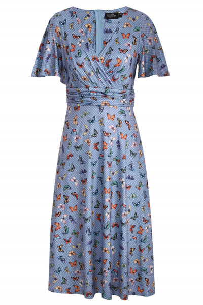 Front view of Butterfly Polka Dot Tea Dress in blue