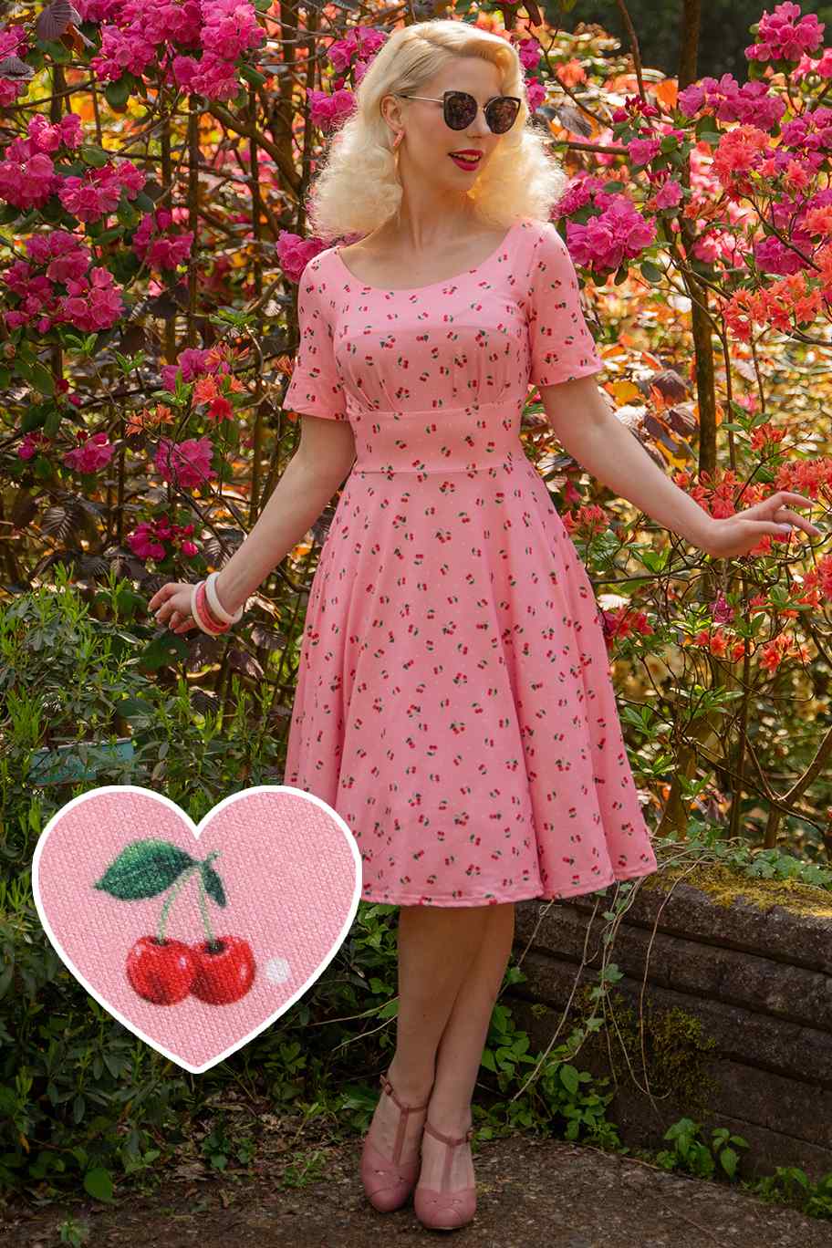 Brenda Pink Cherry 50s Style Dress - Main Image