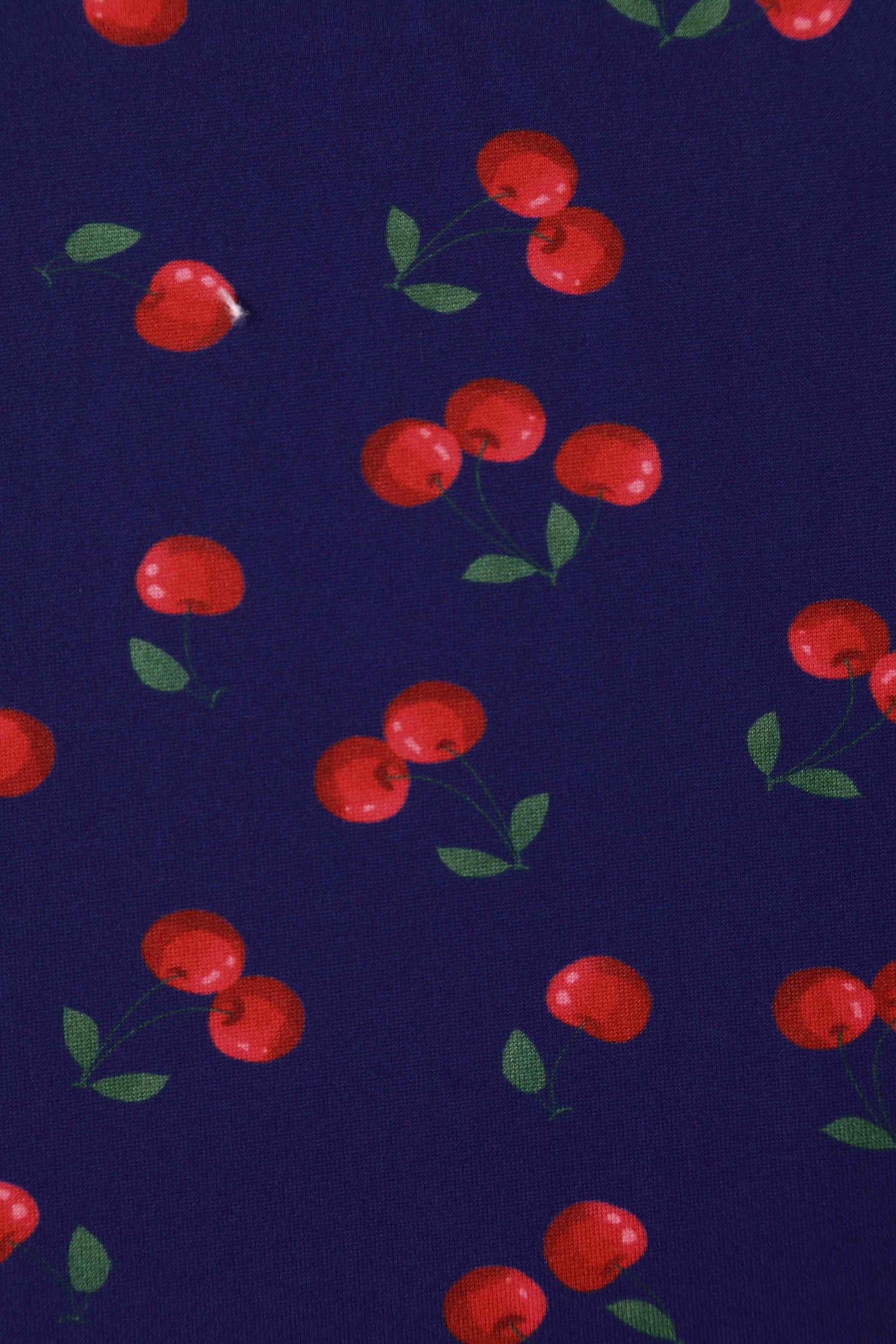 Close up View of Cherry Print Tea Dress in Navy Blue