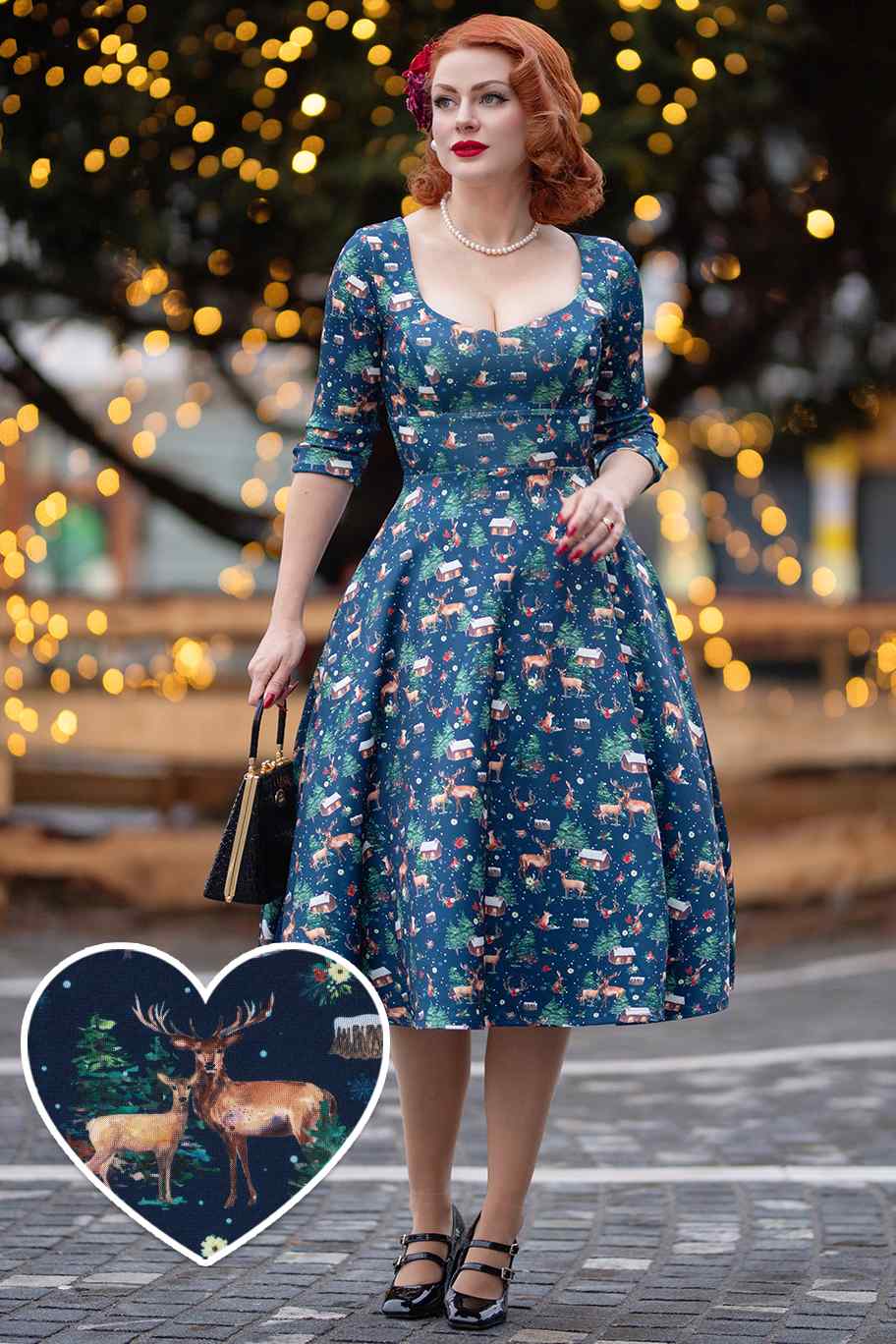 Scarlette Christmas Reindeer Midi Dress On Navy Blue