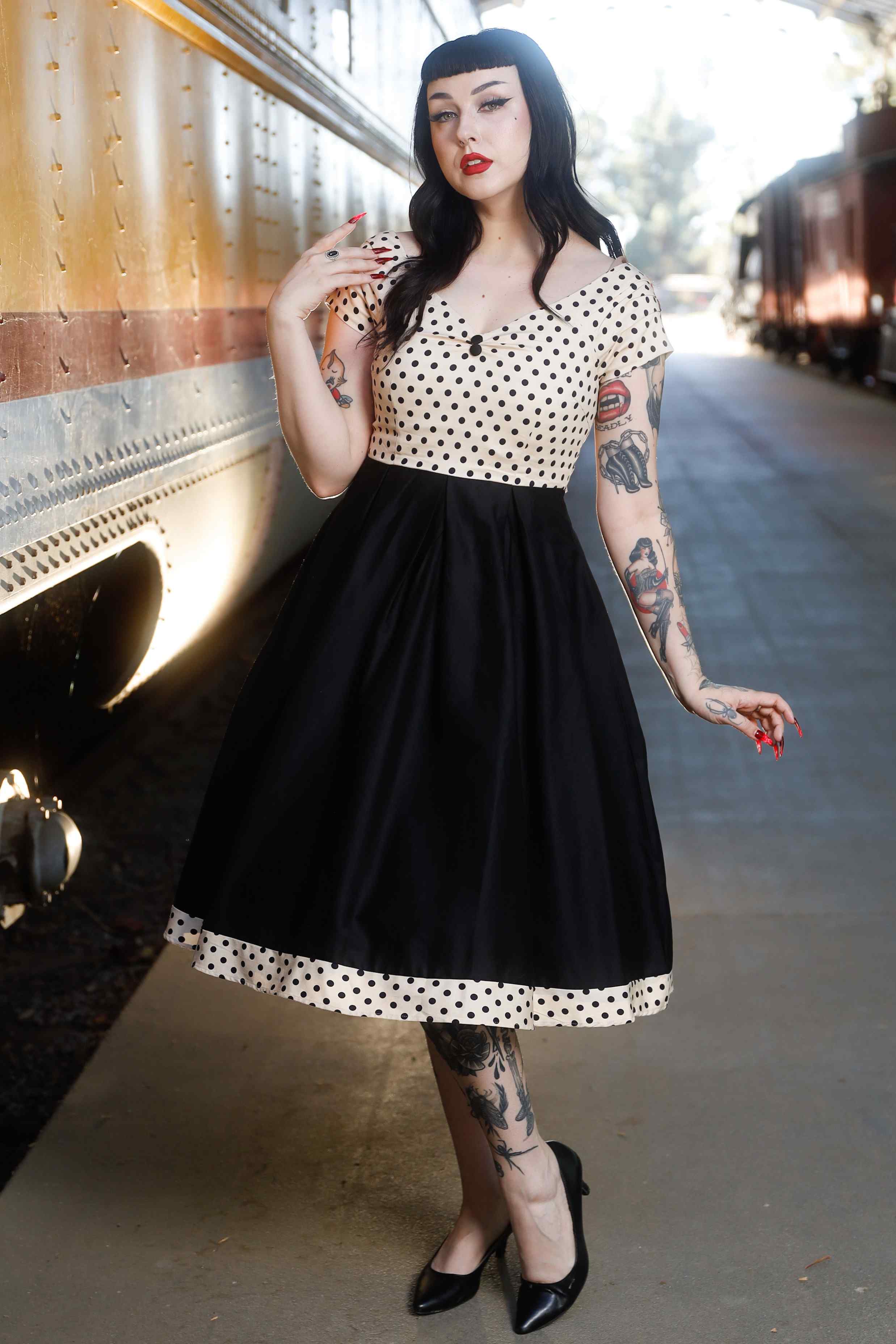 Cream & Black Polka Dot 50s Swing Dress