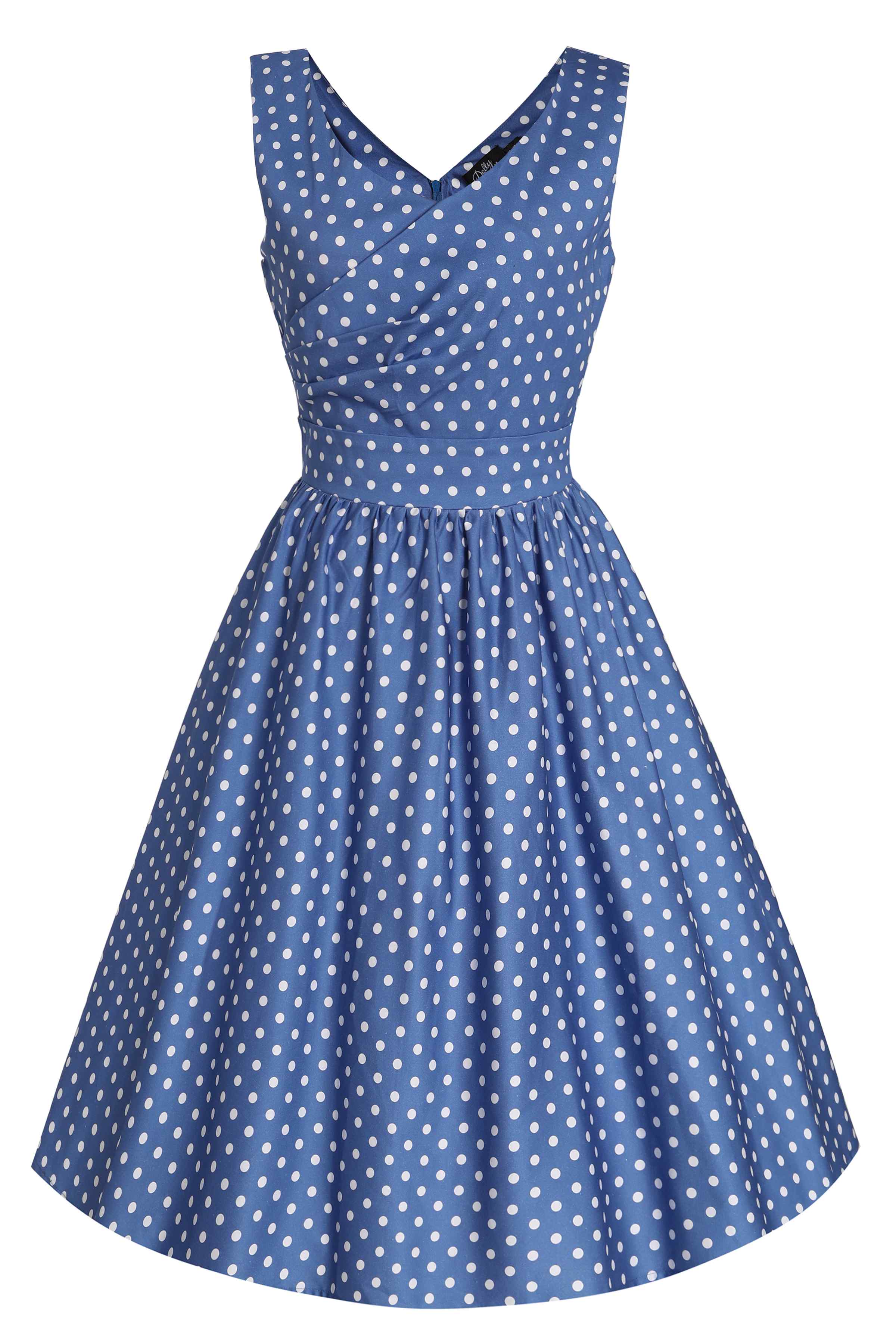 May Plunge Neck Blue and White Polka Dot Dress