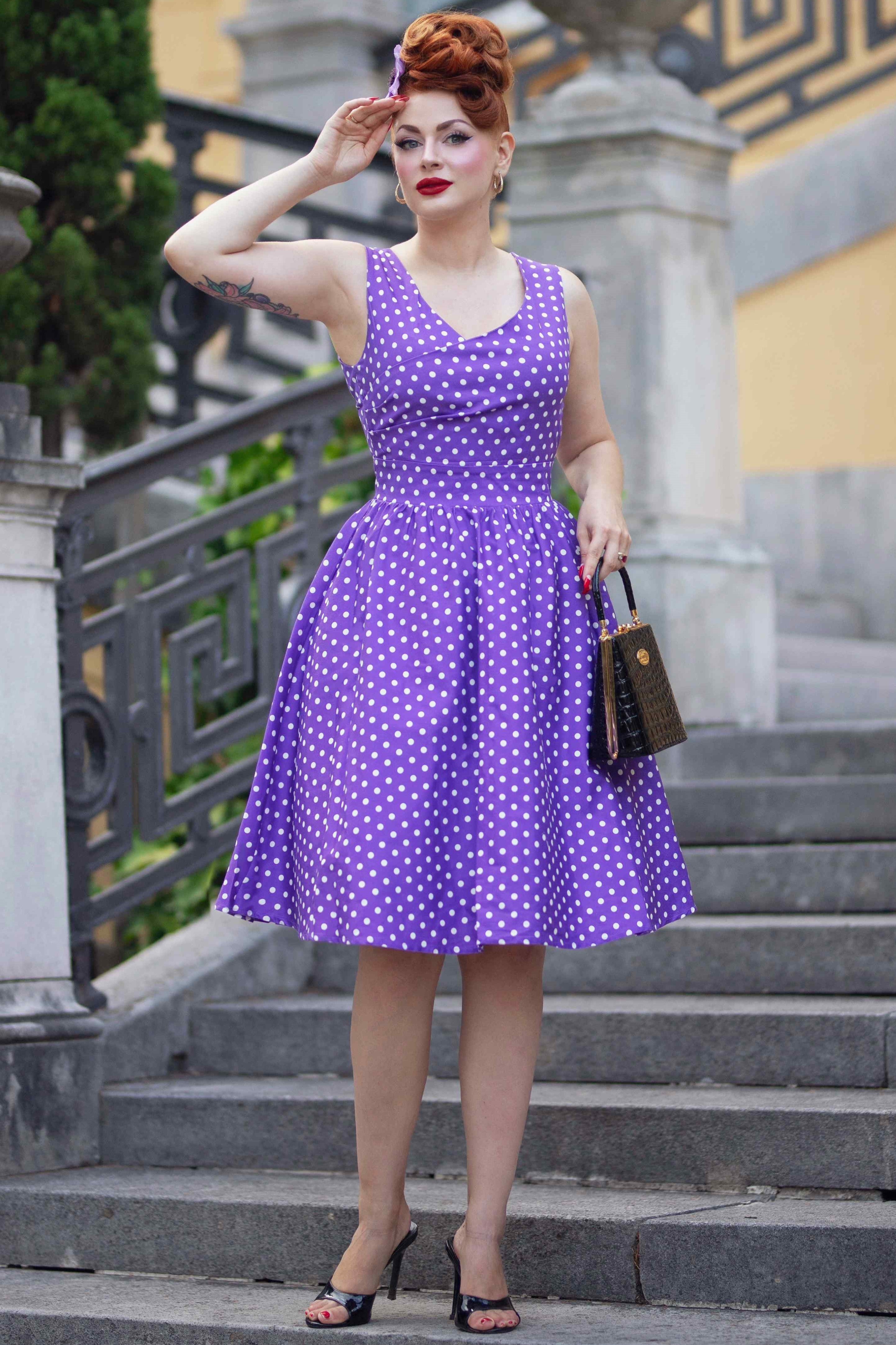 purple and white polka dot dress White Polka Mauve Polka Dot Dress Little Kitty Girl's Purple And White Polka Dot Party Dress