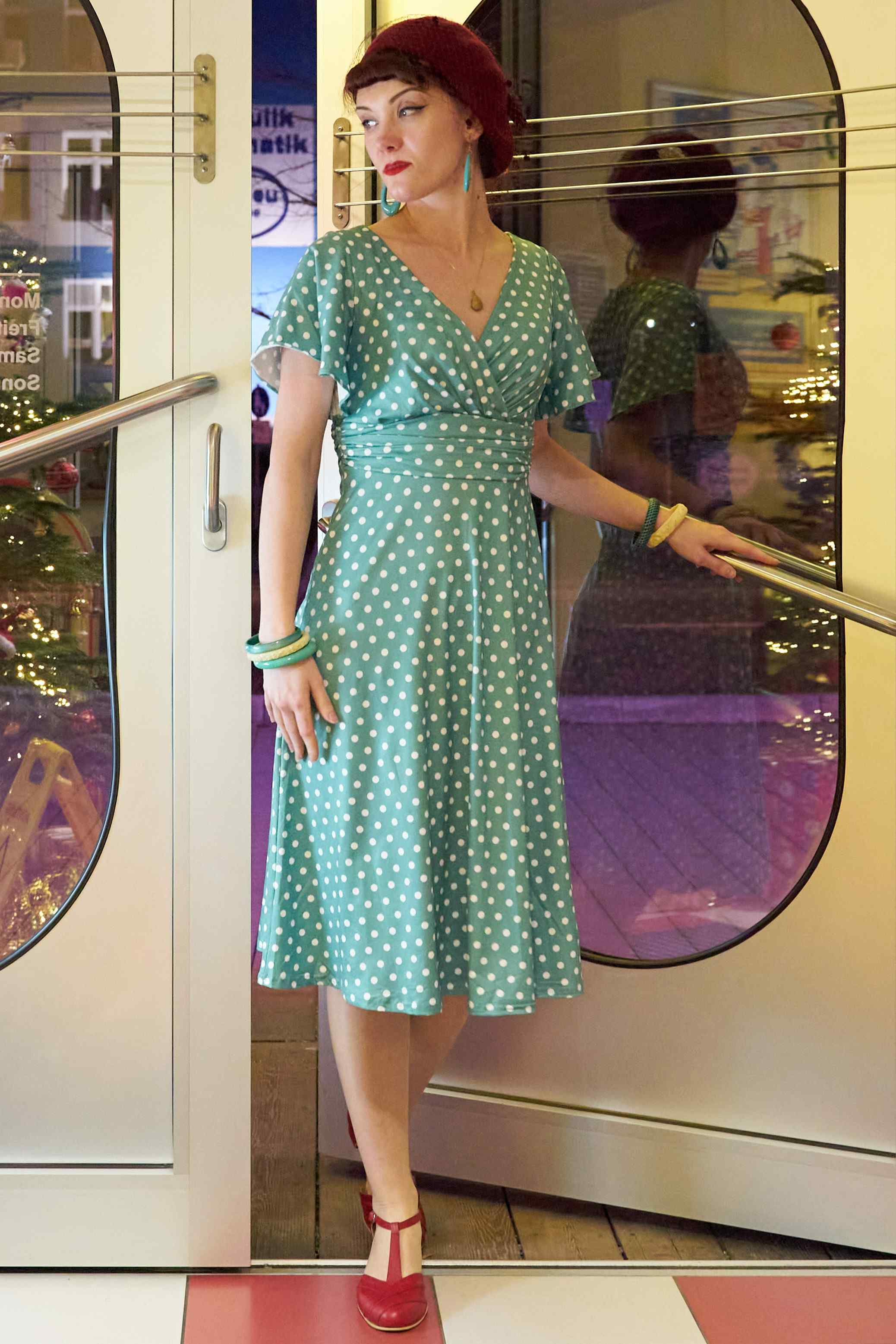 Donna Crossover Bust Sage Green Polka Dot Dress Donna Crossover Bust Sage Green Polka Dot Dress