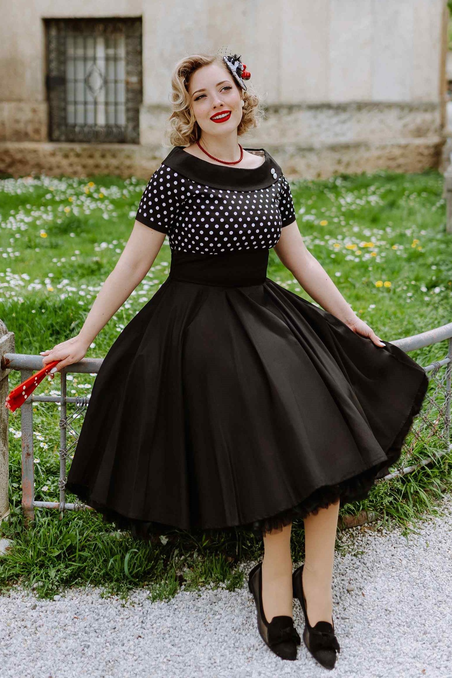 Retro Full Circle Swing Dress in Black and White Polka
