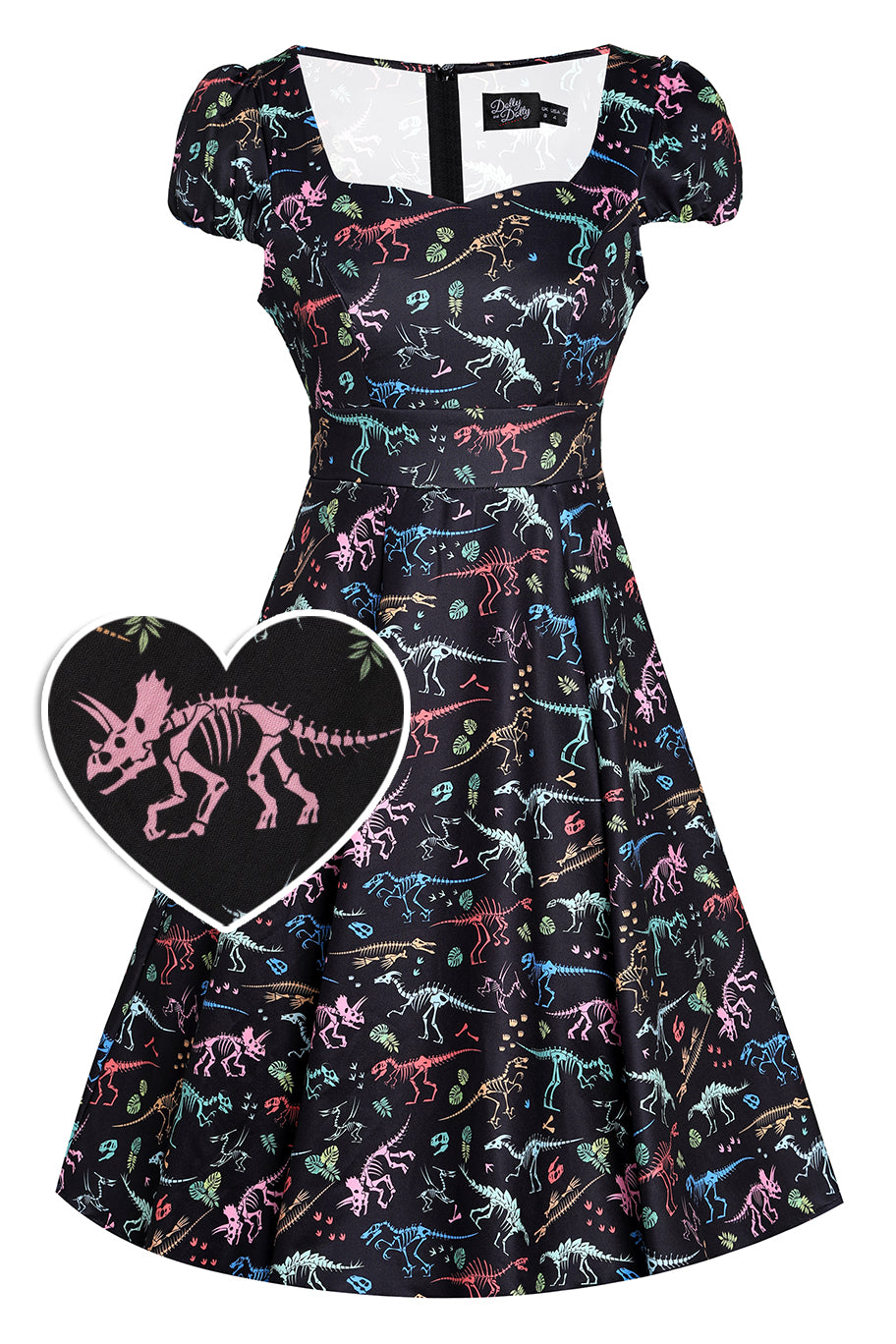 Front View of Dinosaur Fossil Print Dress in Black