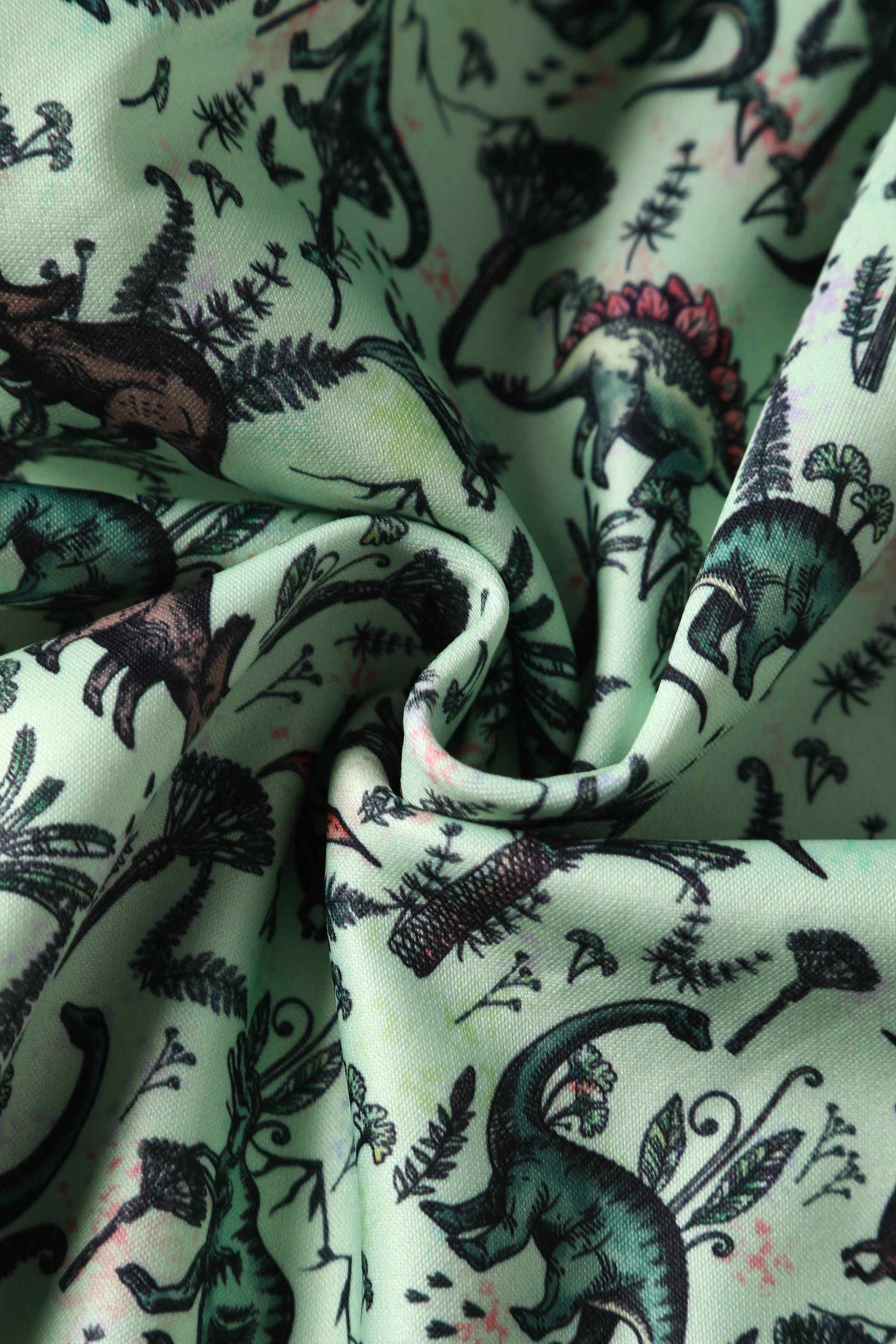 Close up View of Dinosaur Green Flared Dress in Light Green