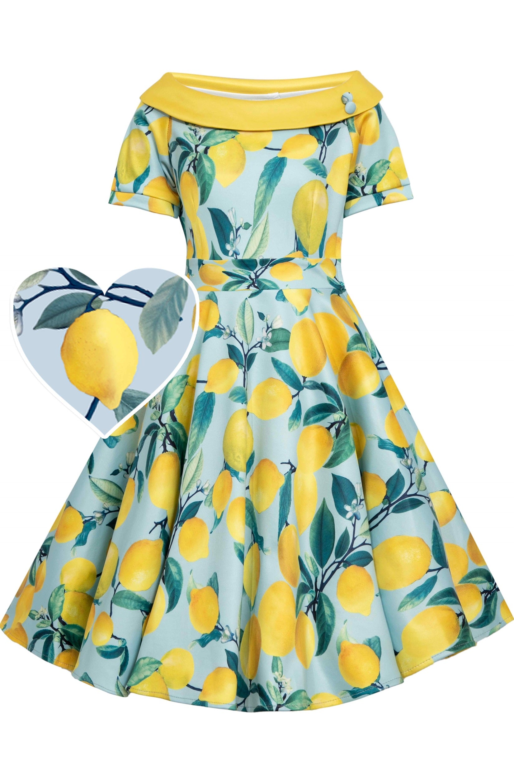 Sal & Pimenta Girls Dress - Sash - Blue with Yellow Lemons Embroidery