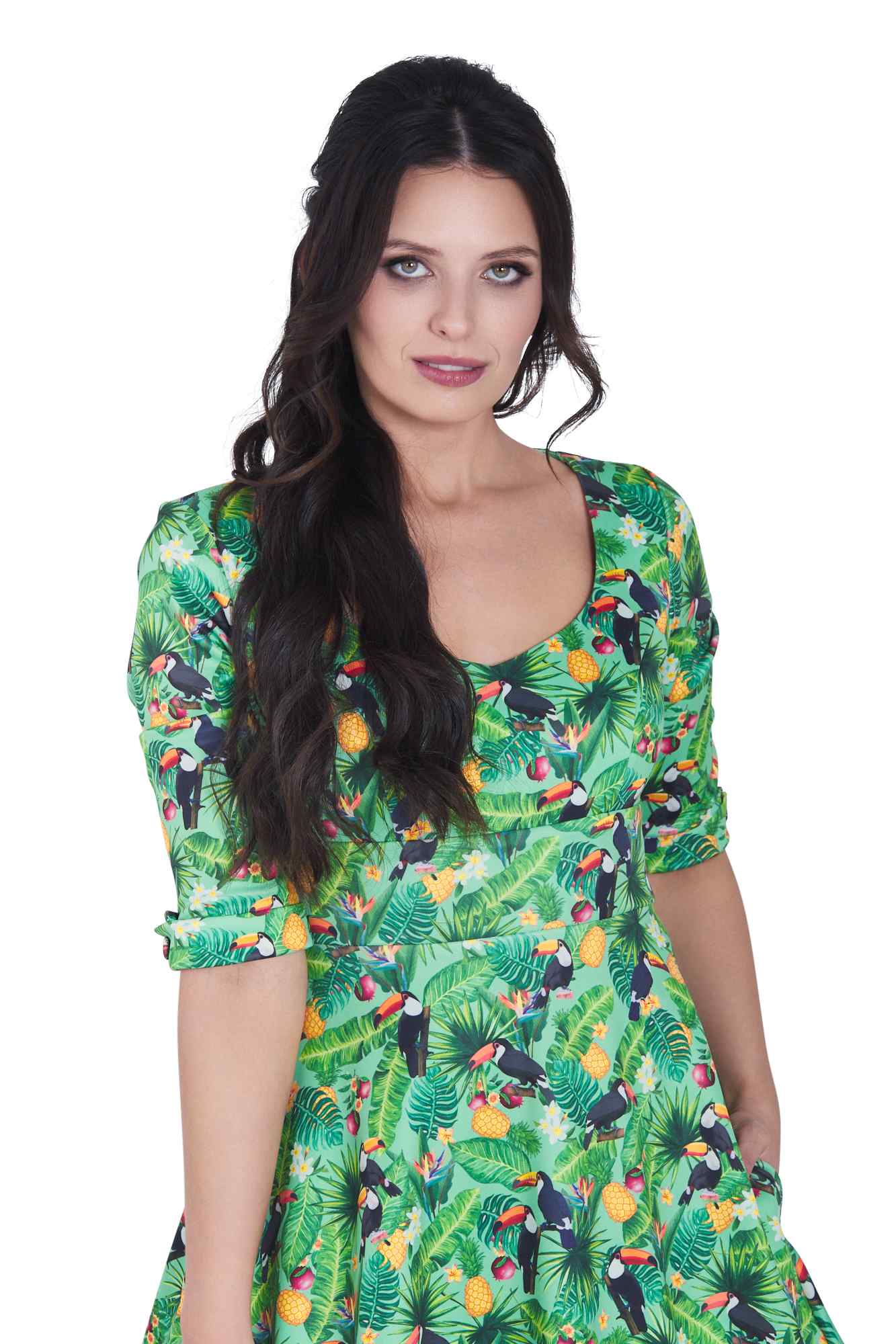 Model photo of Green Tropical Toucan Dress