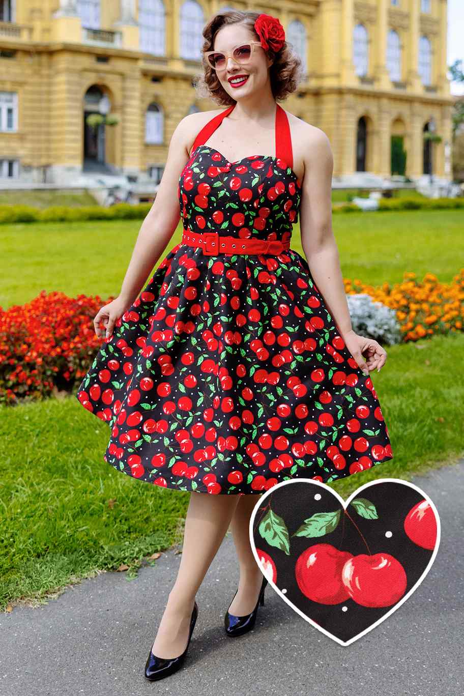 Rockabilly Halter Neck Cherry Swing Dress