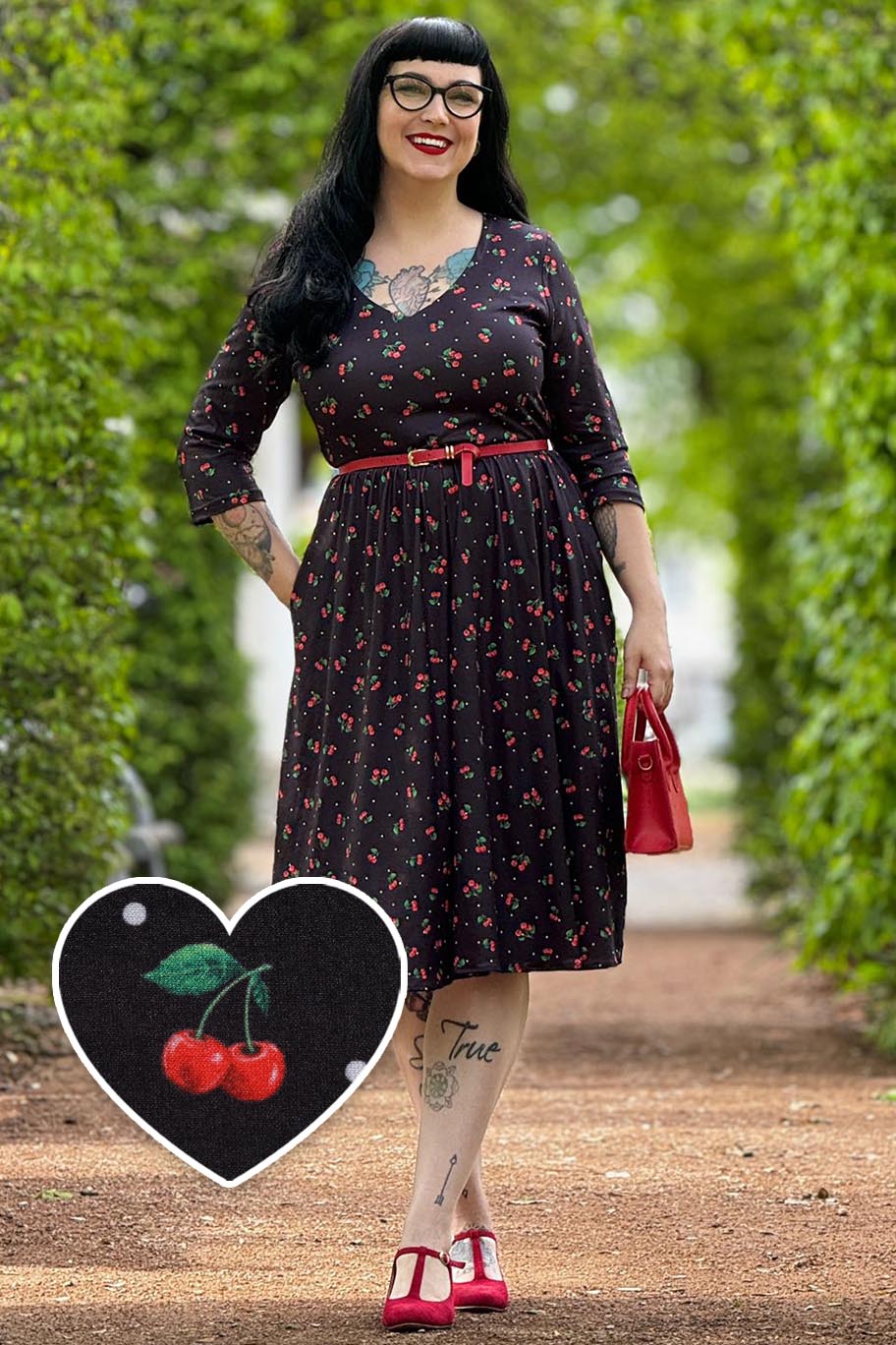 Billie Black Long Sleeved Cherry Dress | Dolly and Dotty Billie Black Long Sleeved Cherry Dress | Dolly and Dotty