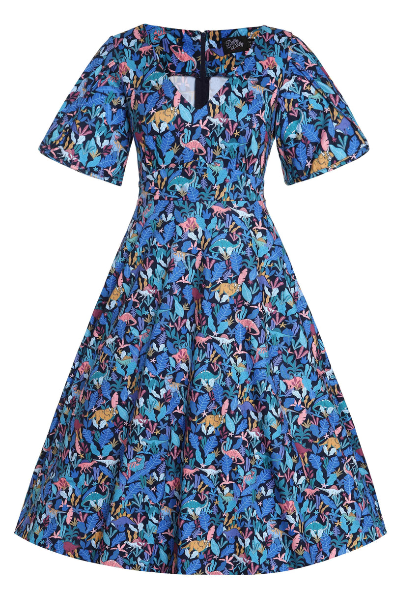 Short sleeve swing dress, with dinosaur leaf print, in navy blue, front view